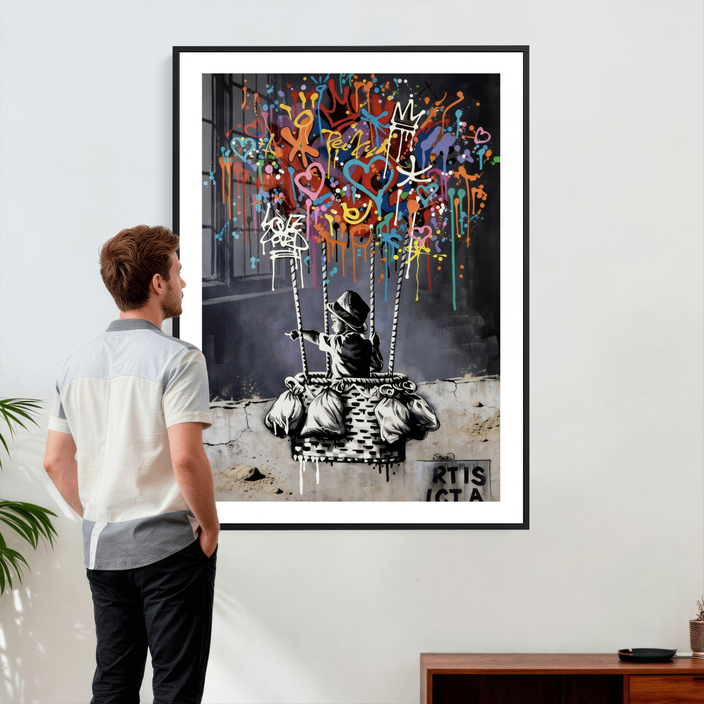 56325542-MGV-CV-24X36 - Banksy Inspired Boy Swing Wall Art Canvas Print, Graffiti Balloon Hearts Street Art, Colorful Urban Mural Artwork for Modern Living Room Decor