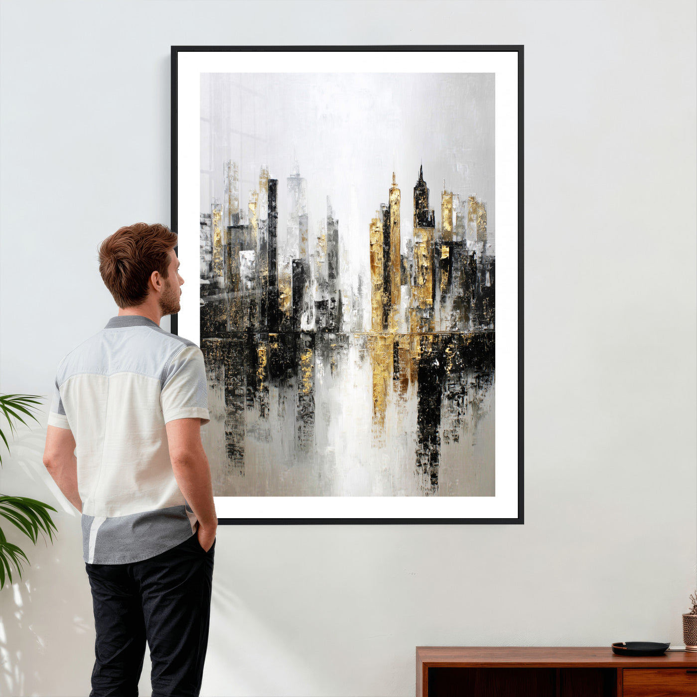 38126217-MGV-CV-24X36 - Abstract Urban Reflection Wall Art Canvas Print, Gold Black Modern Architecture Canvas Print, Contemporary Moody City Artwork for Living Room Decor