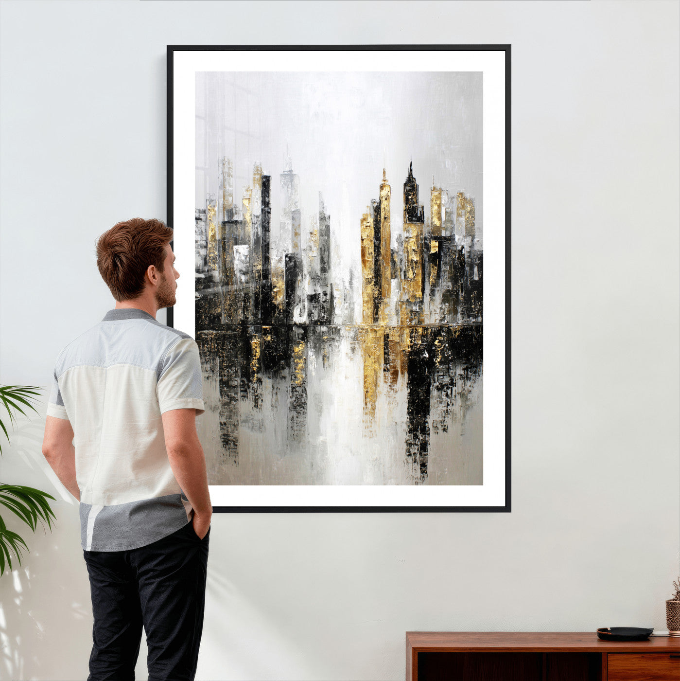 38126217-MGV-CV-24X36 - Abstract Urban Reflection Wall Art Canvas Print, Gold Black Modern Architecture Canvas Print, Contemporary Moody City Artwork for Living Room Decor