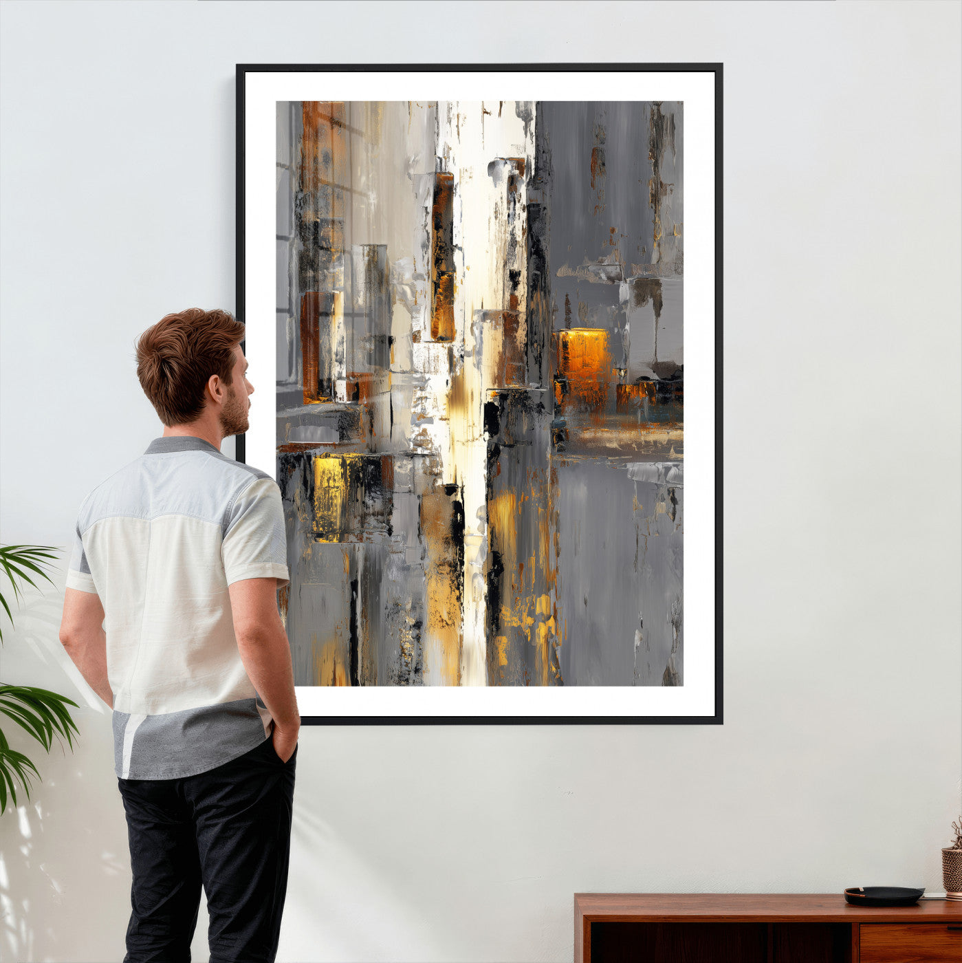 35992080-MGV-CV-24X36 - Abstract Urban Reflection Wall Art Canvas Print, Gold Black Modern Architecture Canvas Print, Contemporary Moody City Artwork for Living Room Decor