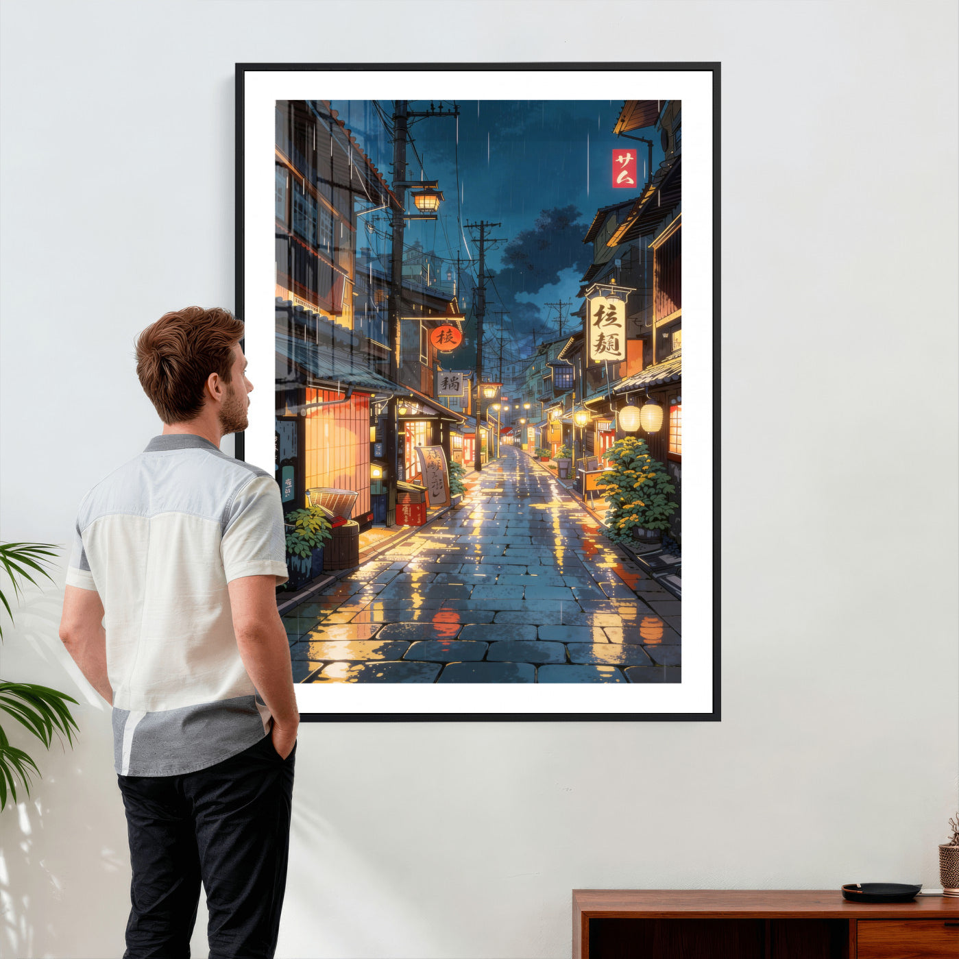 4712069J1-MGV-CV-24X36 - Tokyo Tea House Canvas Wall Art — Japan Rainy Night Street Print | Anime Style Decor | Japanese Tea House Art | Tokyo City Gift