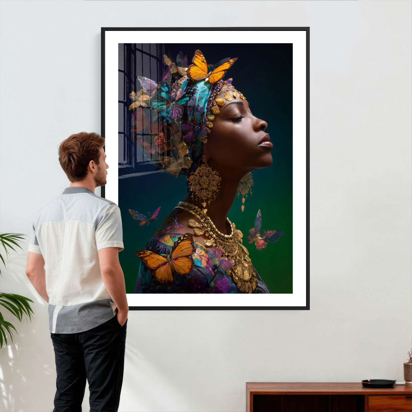 620930SZC0-MGV-CV-24X36 - Butterfly Crown Gold Woman Portrait — Monarch Queen Canvas Print | Teal Dark Fantasy Art | Boho Bedroom Wall Decor | Empowerment Gift Her