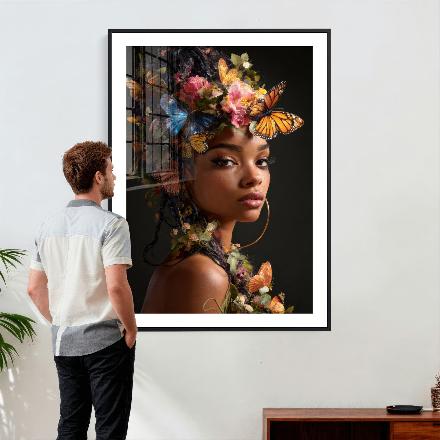 620930SZC10-MGV-CV-24X36 - Butterfly Crown Gold Woman Portrait — Monarch Queen Canvas Print | Teal Dark Fantasy Art | Boho Bedroom Wall Decor | Empowerment Gift Her