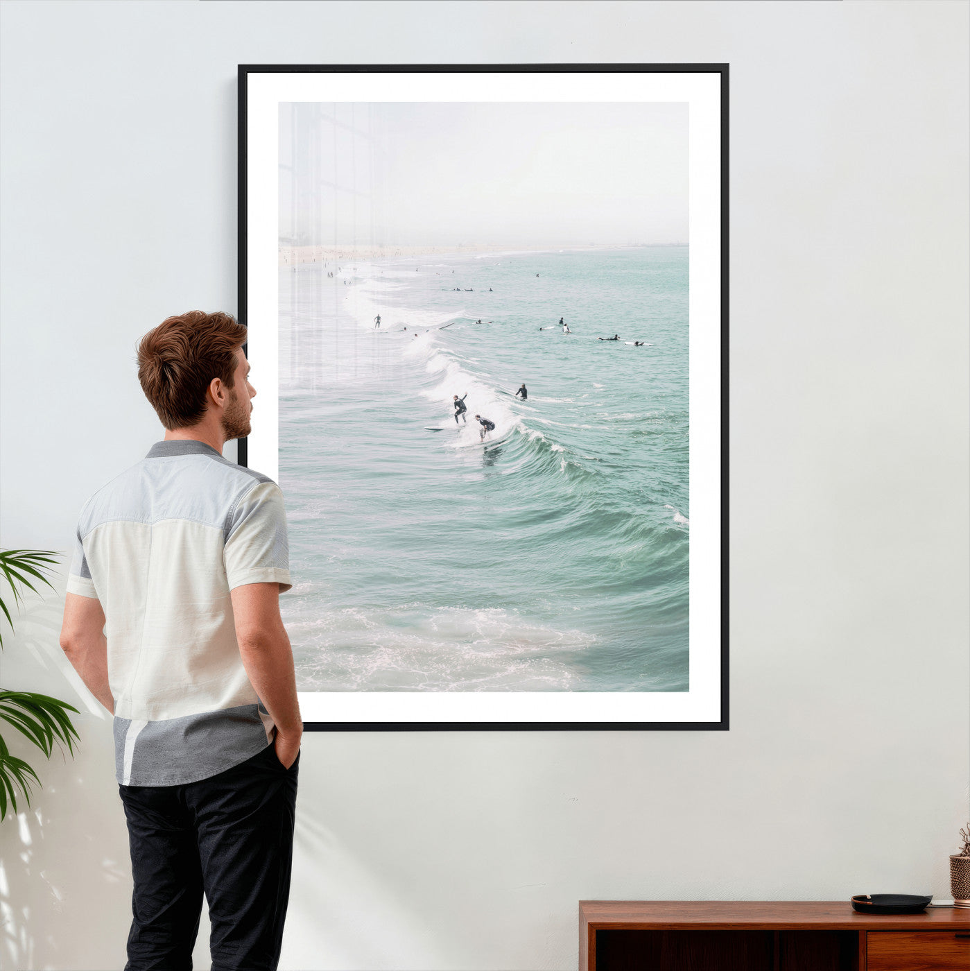 58043762-MGV-CV-24X36 - Surfers on Waves Canvas Wall Art, Aerial Ocean Photography Print, Mint Green Surf Decor, California Beach House Art, Coastal Sports Wall Decor