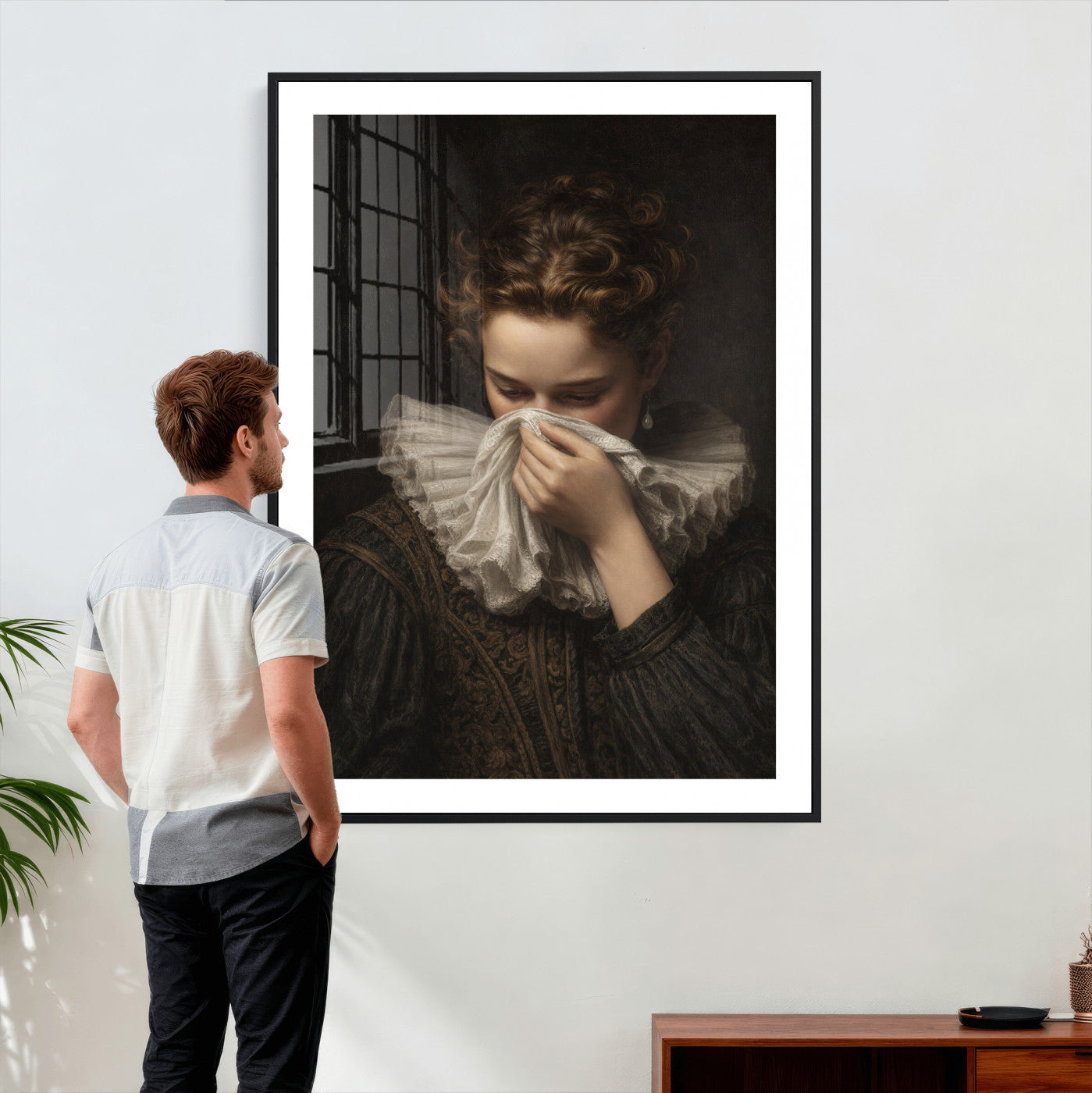 62652430-MGV-CV-24X36 - Baroque Portrait Canvas Wall Art, Flemish Woman with Lace Collar Print for Bathroom Wall Art, Funny Toilet Decor, Renaissance Style Portrait, Moody Vintage Wall Art
