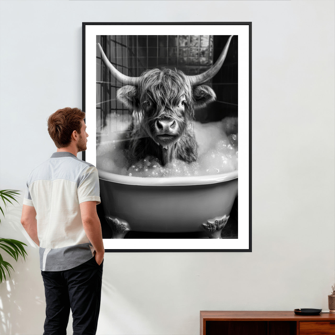 44020264-MGV-CV-24X36 - Highland Cow Bathtub Canvas Wall Art, Funny Bathroom Print Black White, Grumpy Cow Bubble Bath Decor, Animal Bathroom Art, Farmhouse Humor Print, Cute Cow Gift