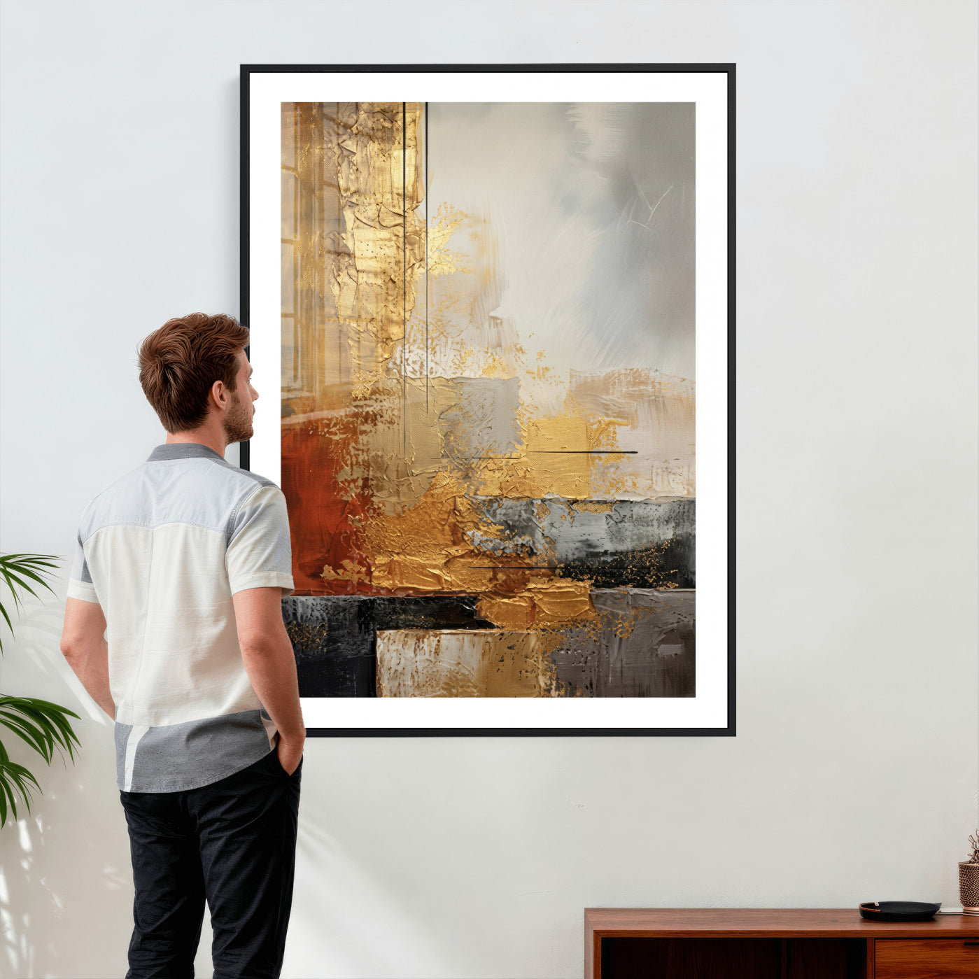 98453723G-MGV-CV-24X36 - Gold Abstract Canvas Wall Art, Luxury Textured Style Gold Leaf Painting Print, Modern Glam Decor, Gold Grey Rust Abstract Art, Living Room Statement Art