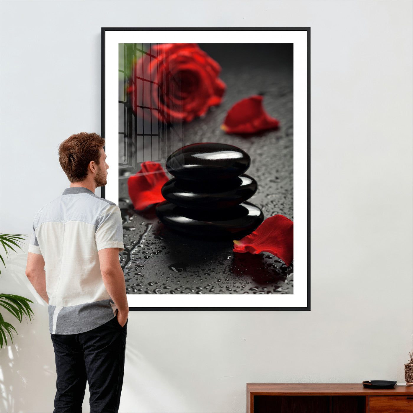 37334763-MGV-CV-24X36 - Black Lava Stone Rose Canvas | Red Rose Spa Photography Print | Stacked Stones Dark Luxury Wall Art | Dramatic Bathroom Decor
