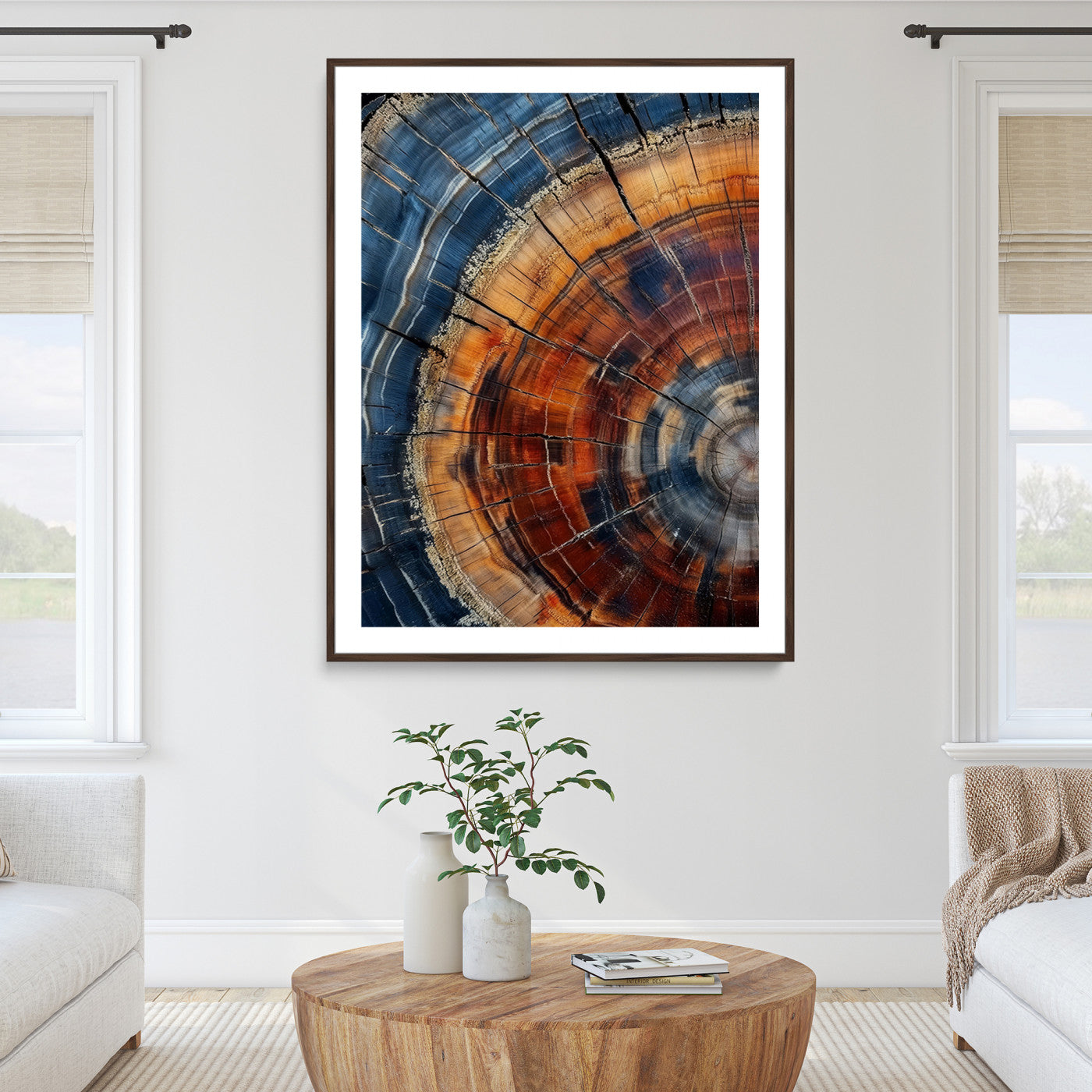 38379387-MGC-FP-36x24_Walnut-Tree Rings Wall Art Canvas Print – Blue Wood Grain Rustic Texture Natural Earthy Nature Artwork for Home Office