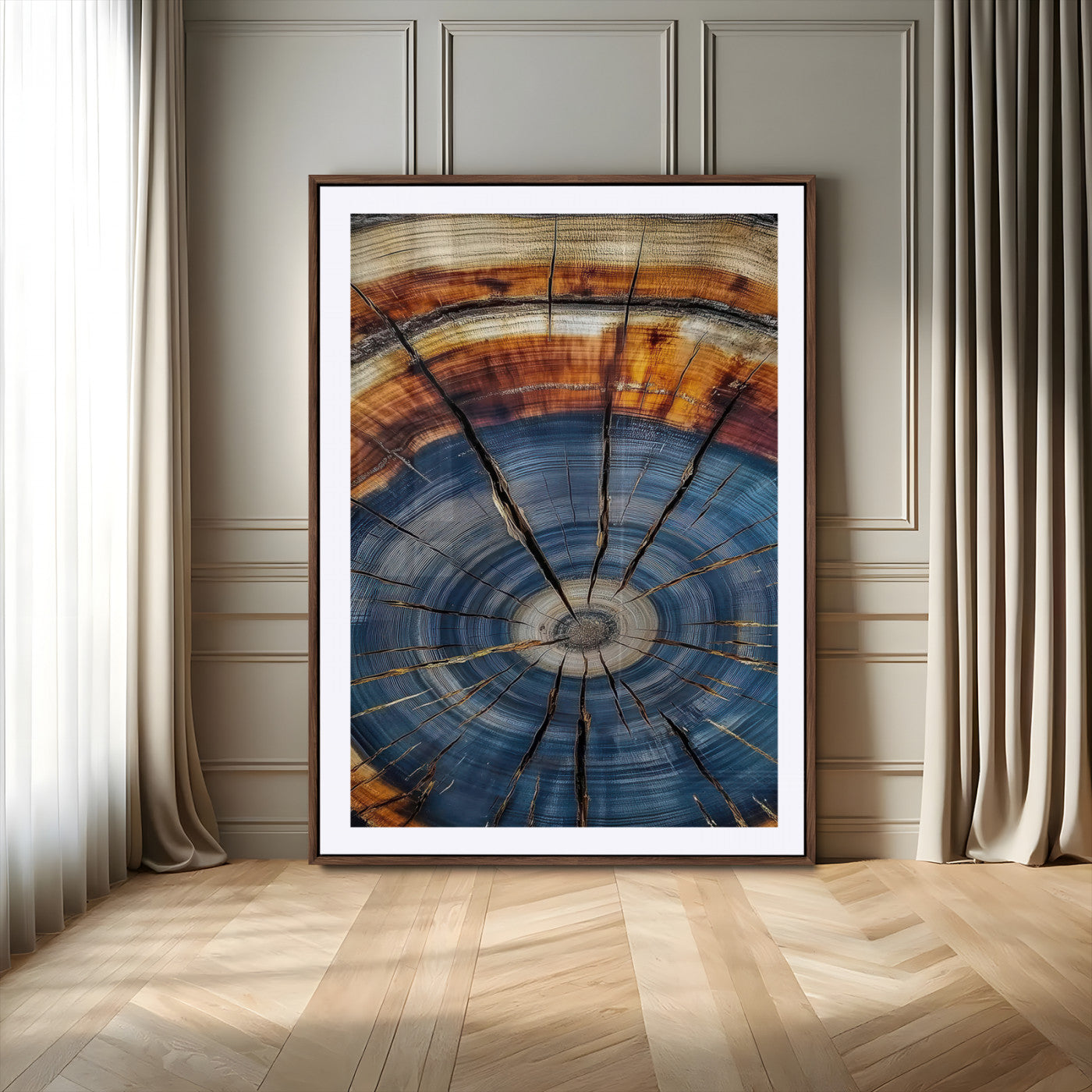 58959380-MGV-CV-24X36-Tree Rings Wall Art Canvas Print – Blue Wood Grain Rustic Pattern Natural Texture Artwork for Modern Home Office