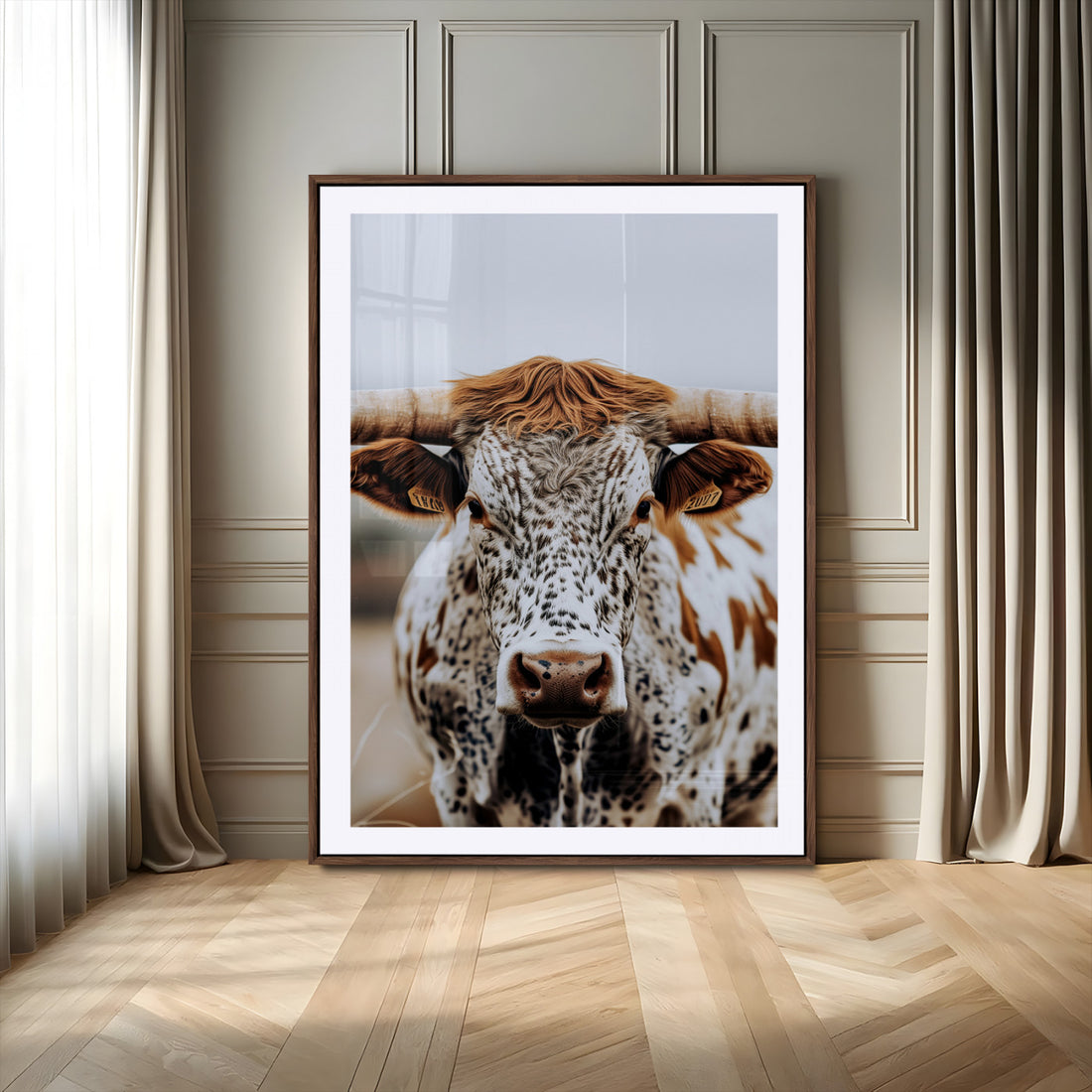 Texas Longhorn Wall Art Canvas Print | Spotted Horned Cattle Front View