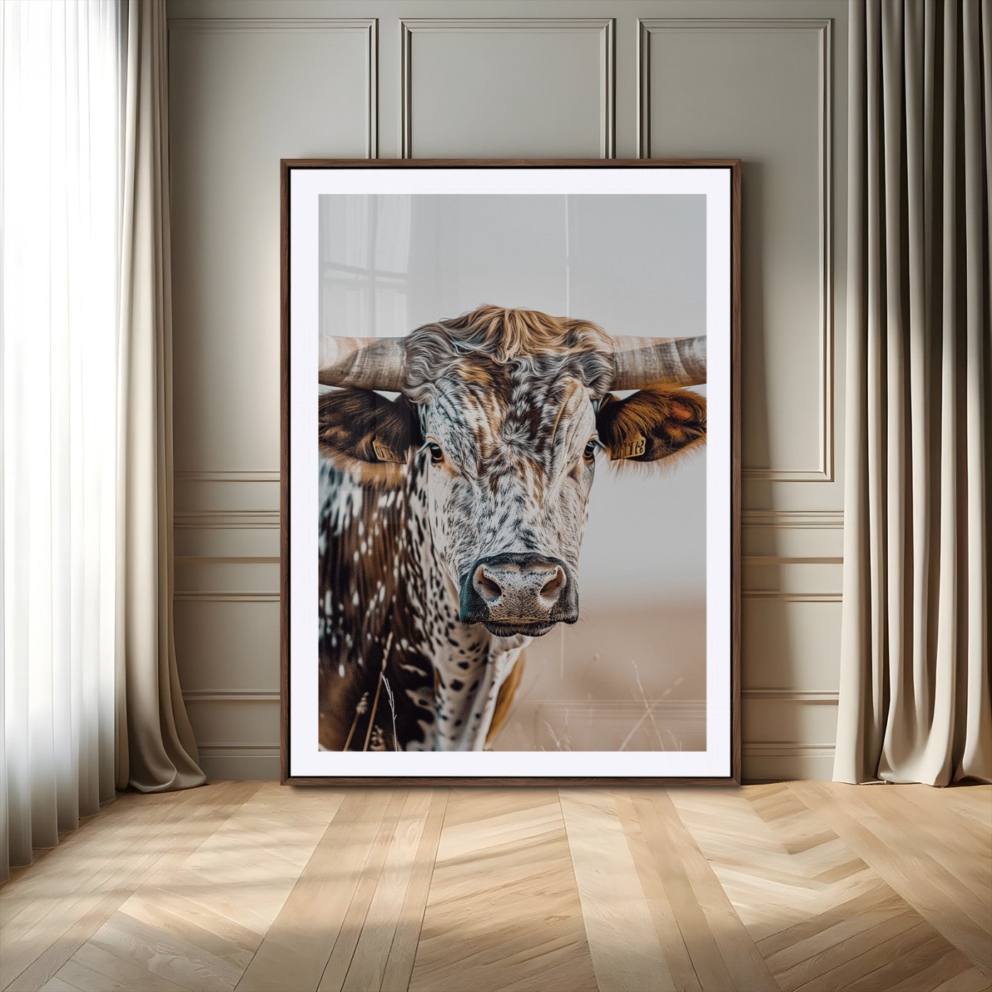 -Texas Longhorn Wall Art Canvas Print, Framed Speckled Cow Art Picture Print, Horned Bull Perfect Rustic Western Decor Artwork