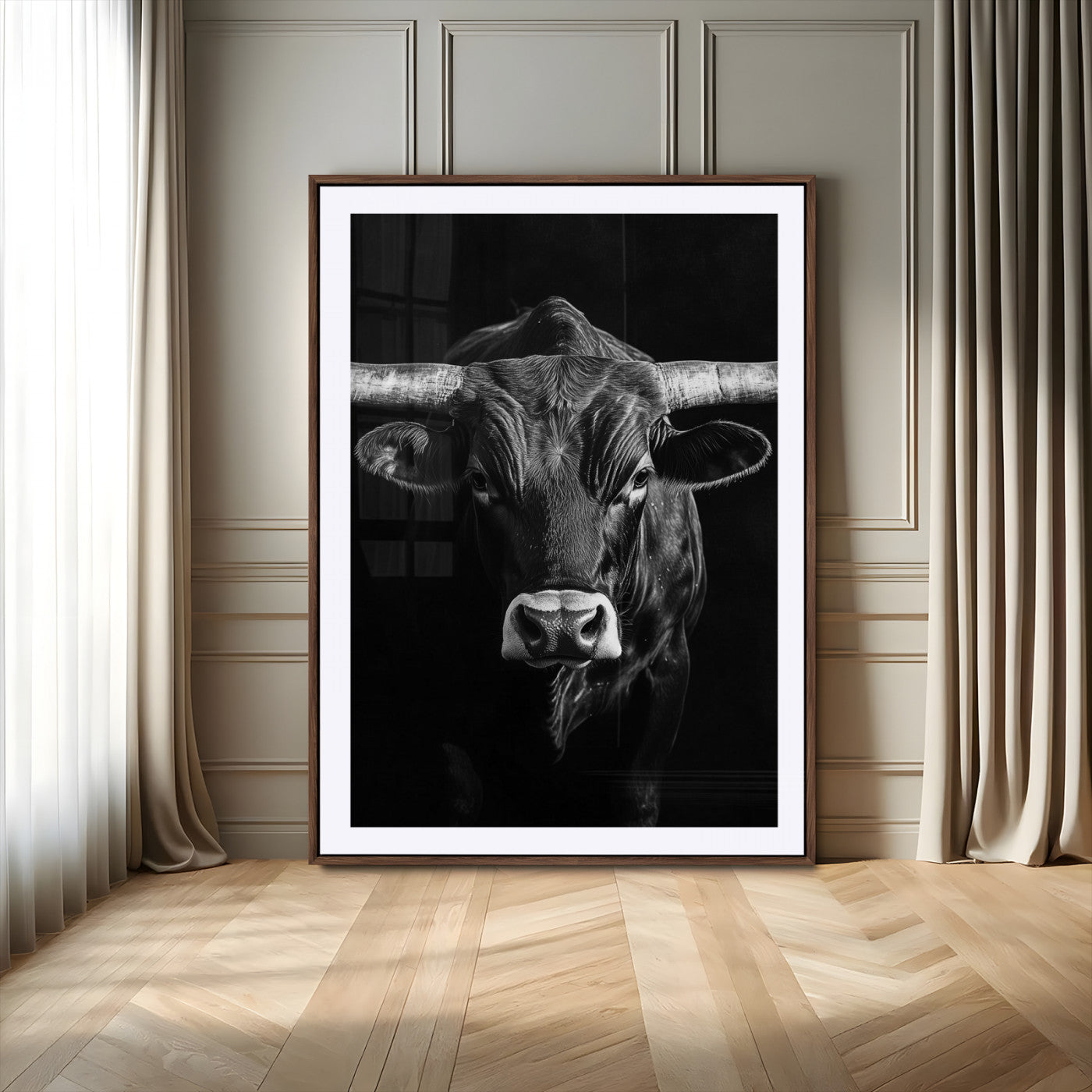 -Texas Longhorn Wall Art Canvas Print, Framed Monochrome Bull Art Picture Print, Horned Bull Perfect Minimalist Western Decor Artwork
