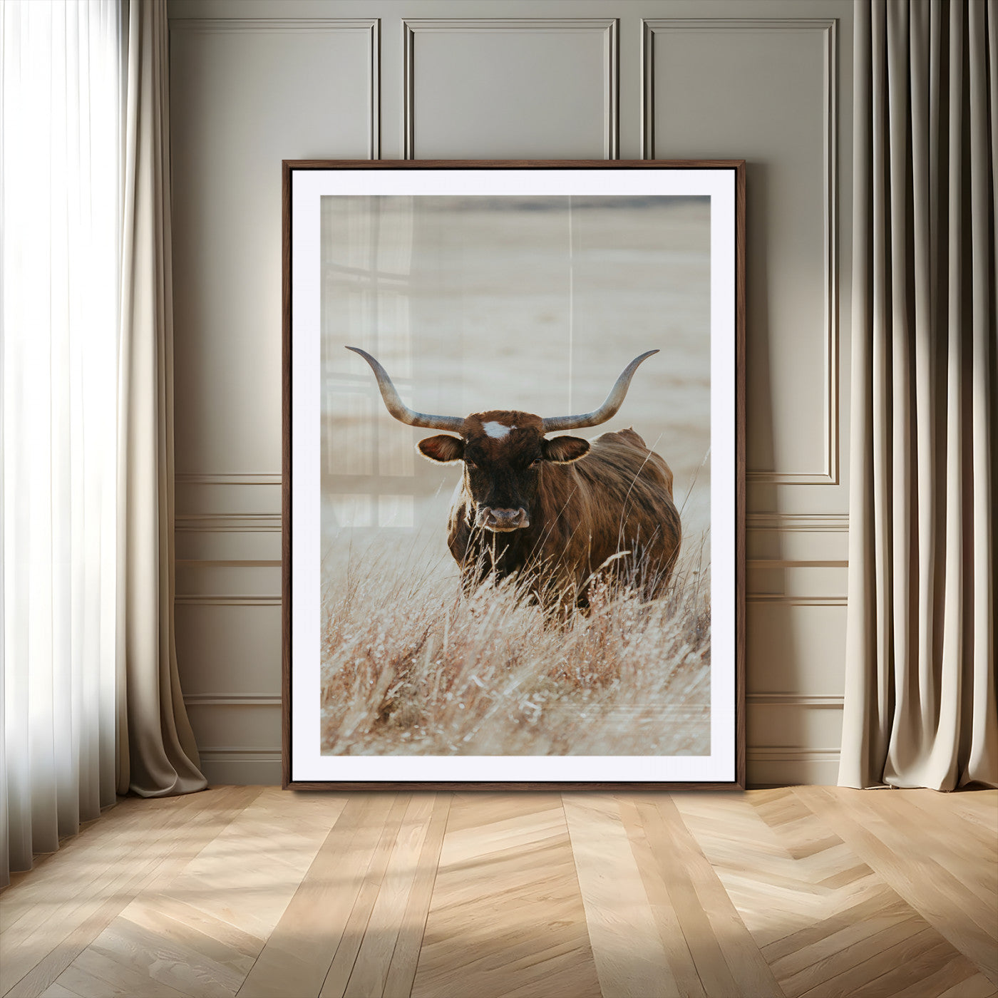 -Texas Longhorn Wall Art Canvas Print, Framed Brown Cattle Art Picture Print, Horned Bull Perfect Rustic Western Decor Artwork