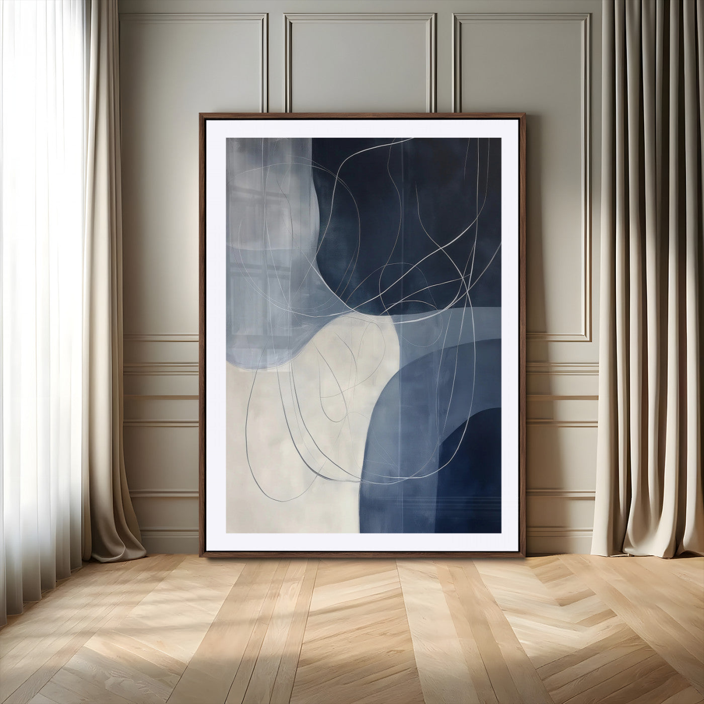 62566633-MGV-CV-24X36-Navy Abstract Wall Art Canvas Print – Framed Minimal Lineart Shapes Modern Geometric Minimalist Artwork for Home Office