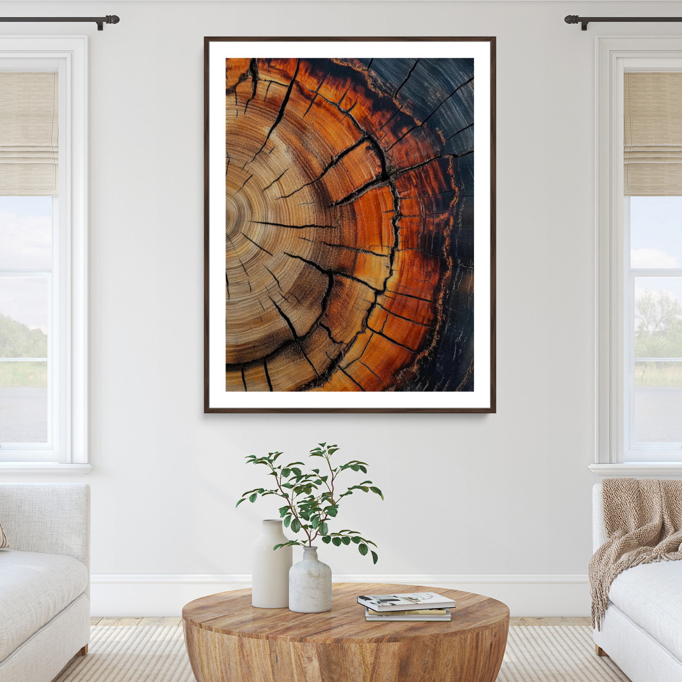 12078265-MGC-FP-36x24_Walnut-Tree Rings Wall Art Canvas Print – Framed Burnt Wood Rustic Nature Growth Rings Organic Artwork for Home Office