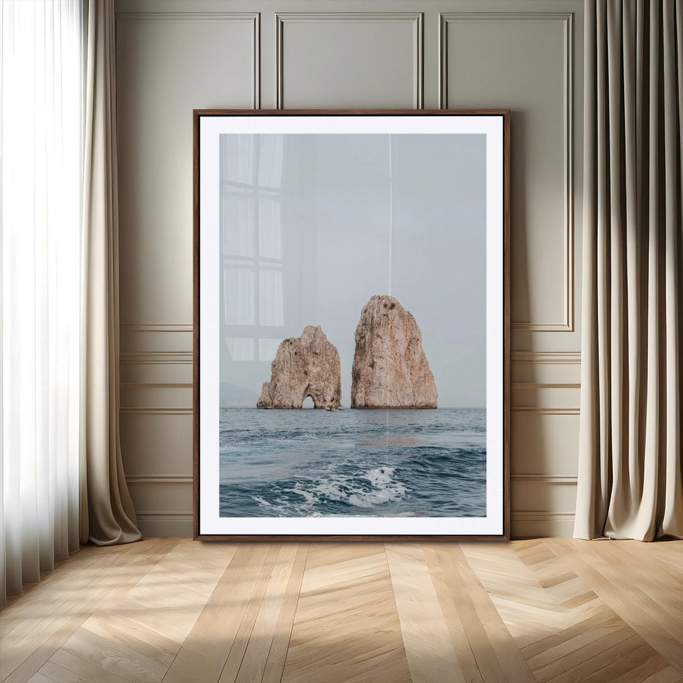 23148844-MGV-CV-24X36-Faraglioni Capri Wall Art Canvas Print – Framed Serene Ocean Mediterranean Coastal View Minimal Artwork for Home Office