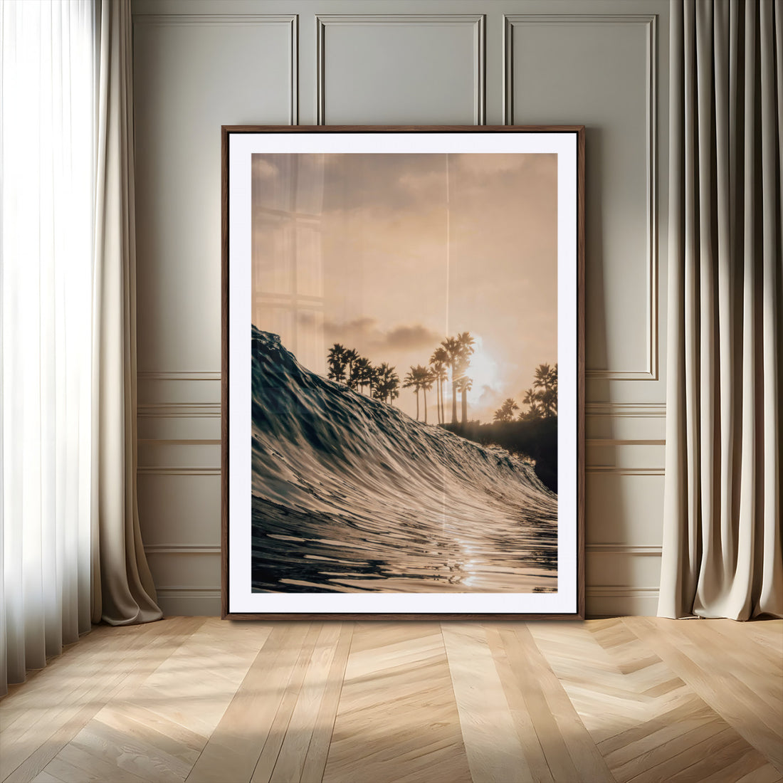 Golden Hour Ocean Wave Wall Art Canvas Print, Framed Tropical Beach Sunset Palms