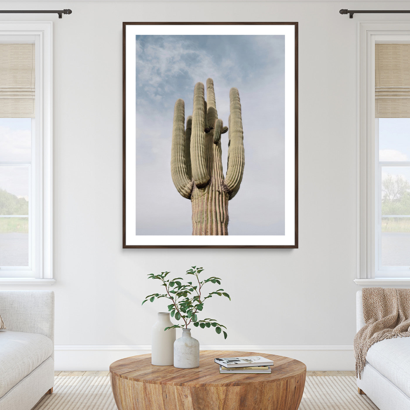 44868276-MGC-FP-36x24_Walnut-Saguaro Cactus Wall Art Canvas Print, Framed Earthy Desert Art Picture Print, Warm Botanical Perfect