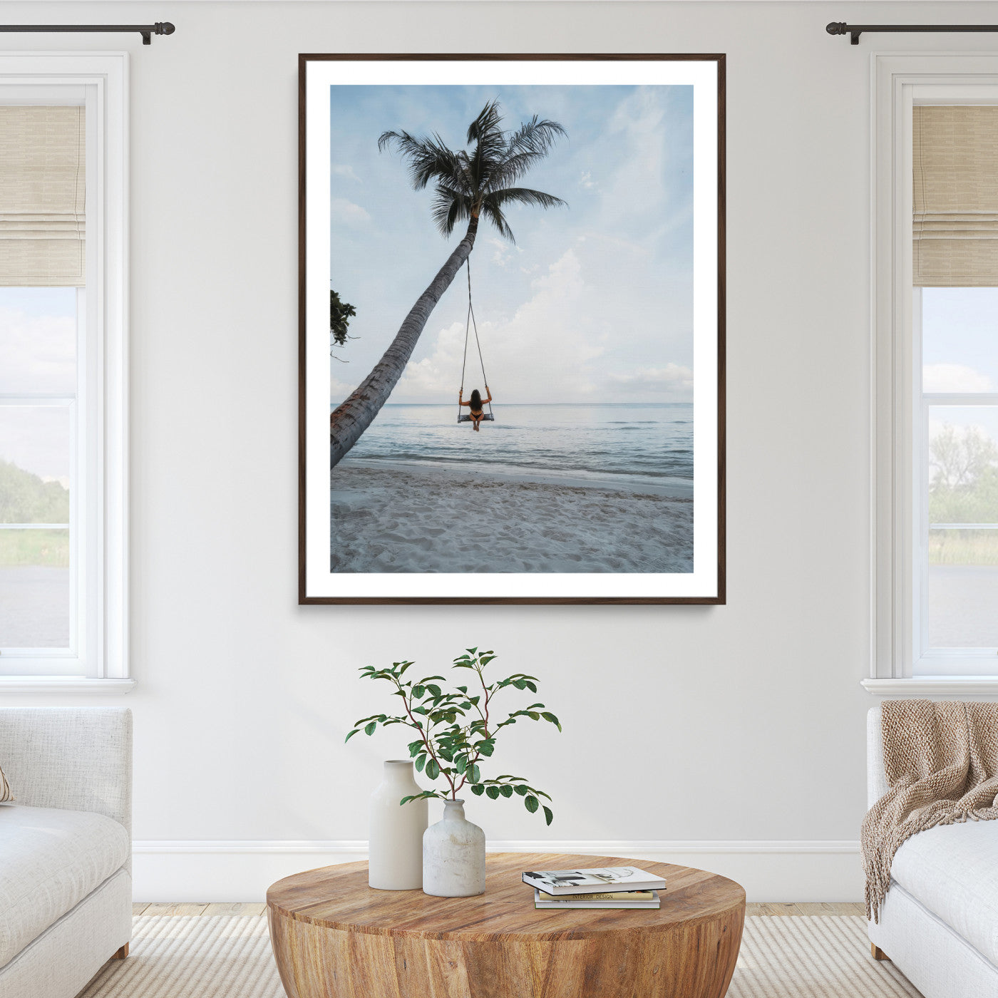 86062249-MGC-FP-36x24_Walnut-Tropical Swing Wall Art Canvas Print – Palm Trees Ocean View Relaxing Beach Minimalist Coastal Decor Artwork