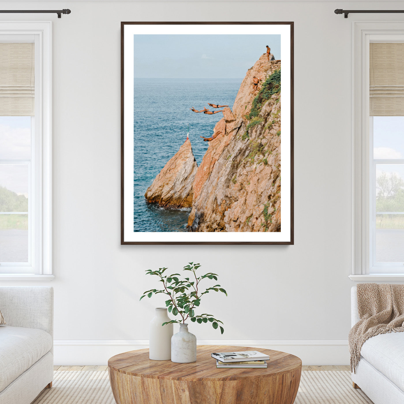 74527880-MGC-FP-36x24_Walnut-Cliff Divers Wall Art Canvas Print – Oceanfront Cliffs Waves Adventurous Coastal Scene Framed Canvas Artwork