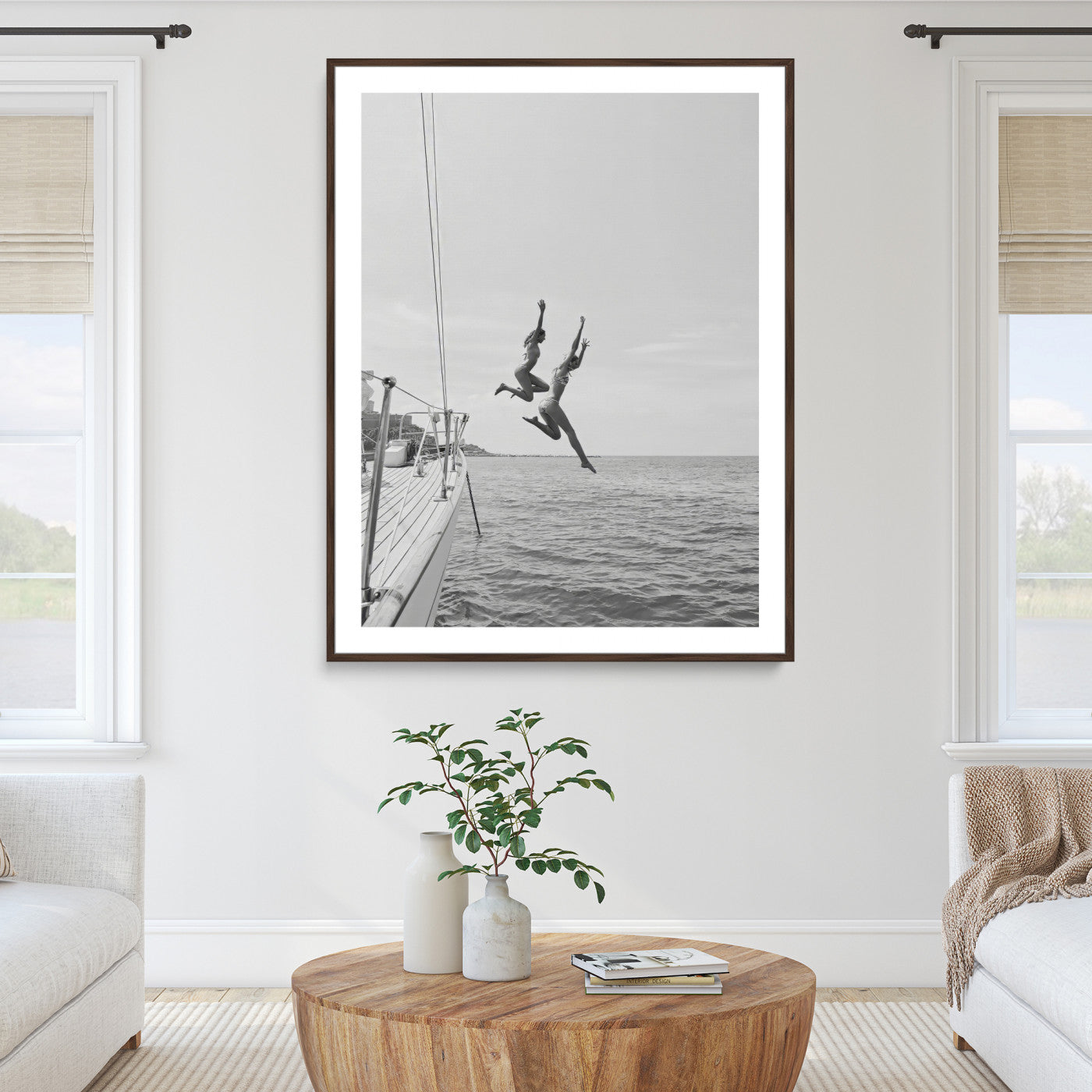 74555508-MGC-FP-36x24_Walnut-Sailing Wall Art Canvas Print, Framed Ocean Adventure Art Picture Print, Summer Perfect Minimalism