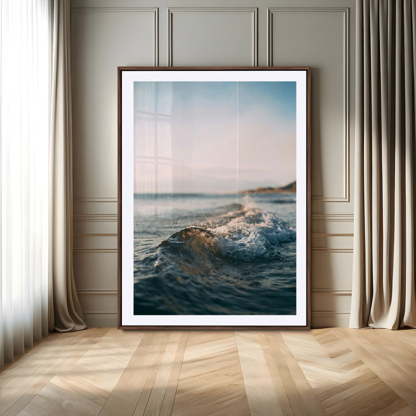-Ocean Waves Wall Art Canvas Print – Framed Coastal Serenity Golden Hour Modern Nature Scene Artwork for Home Office