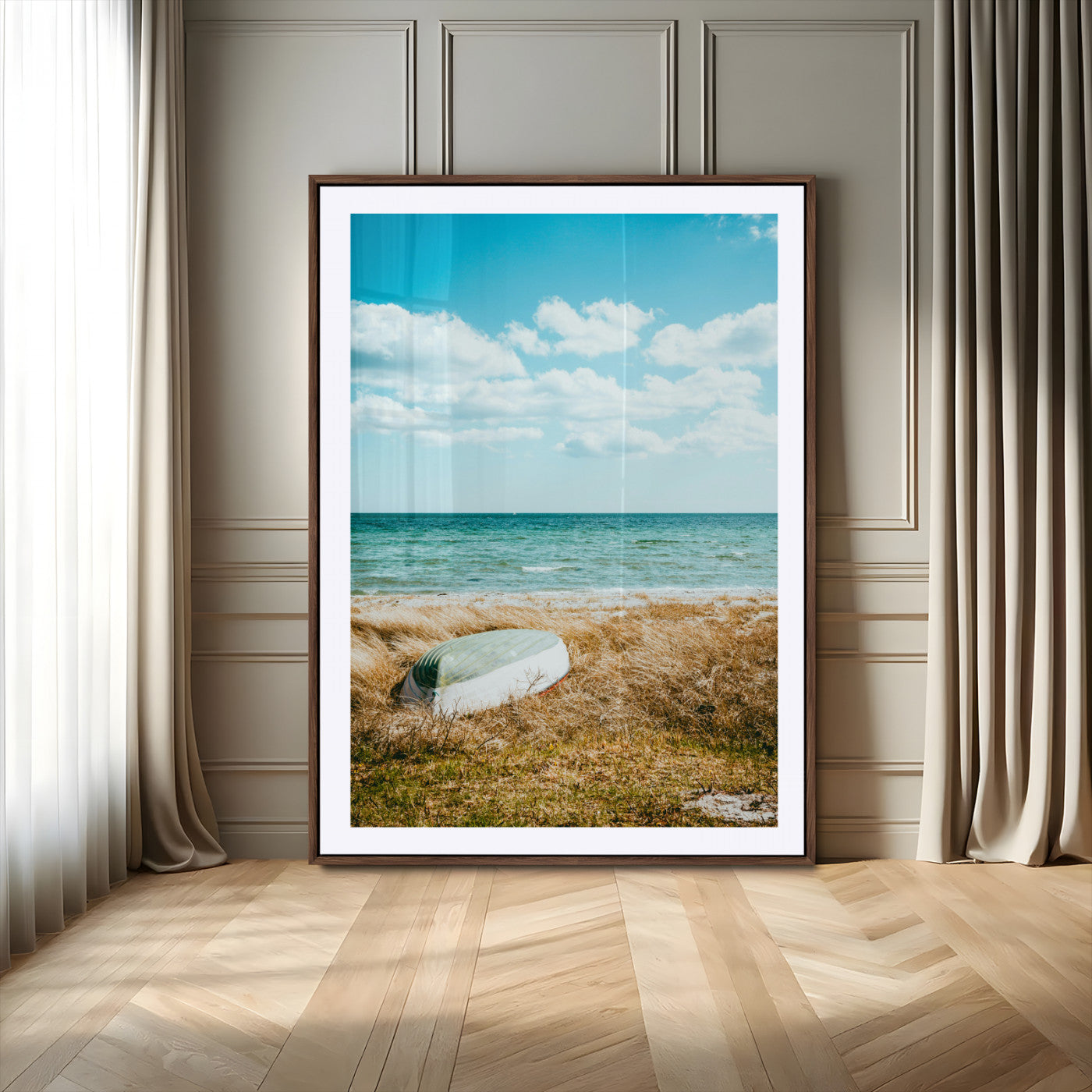 -Coastal Serenity Wall Art Canvas Print – Framed Ocean View Rustic Boat Nautical Scene Artwork for Home Office