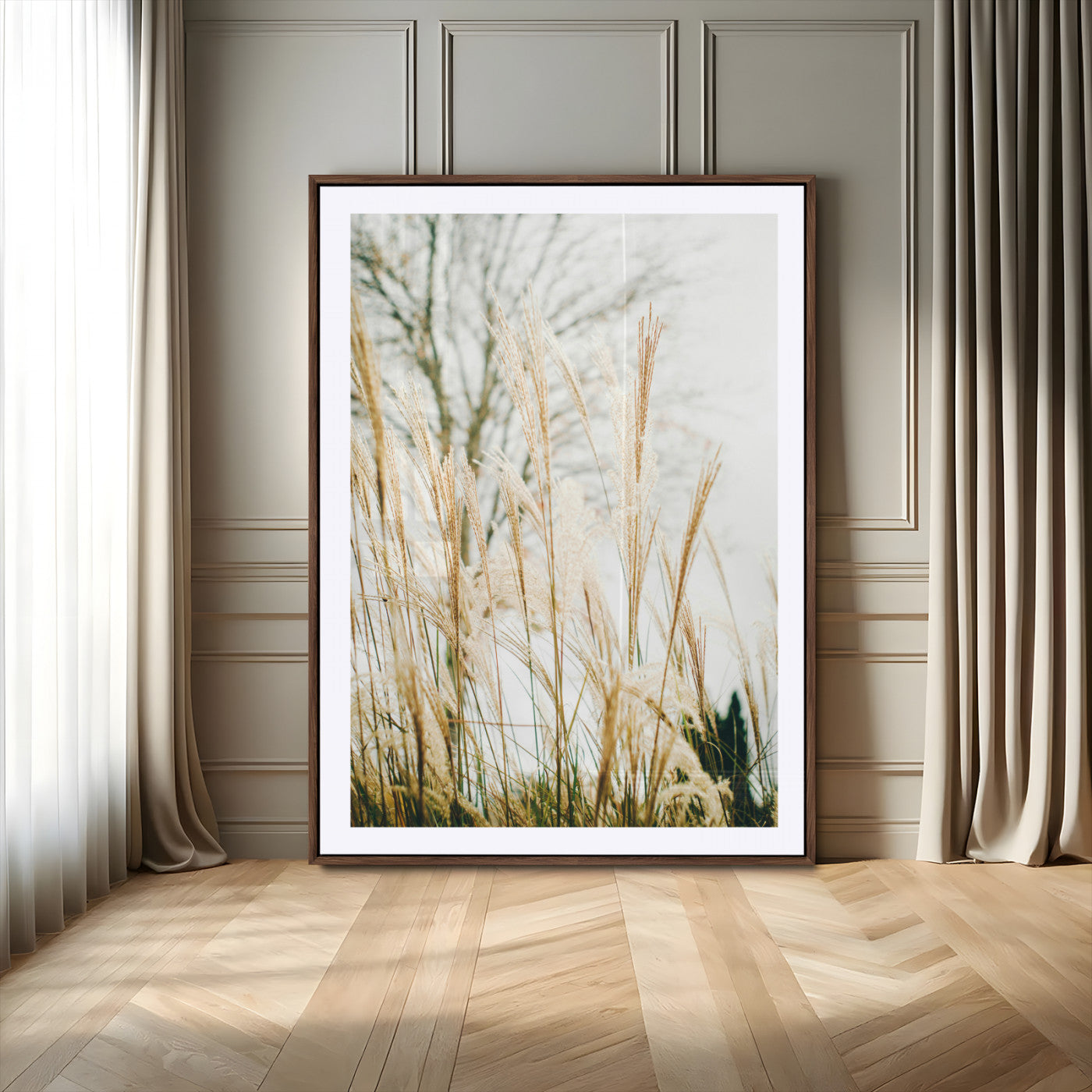 -Pampas Grass Wall Art Canvas Print – Framed Neutral Tones Minimalist Nature Scene Artwork for Home Office