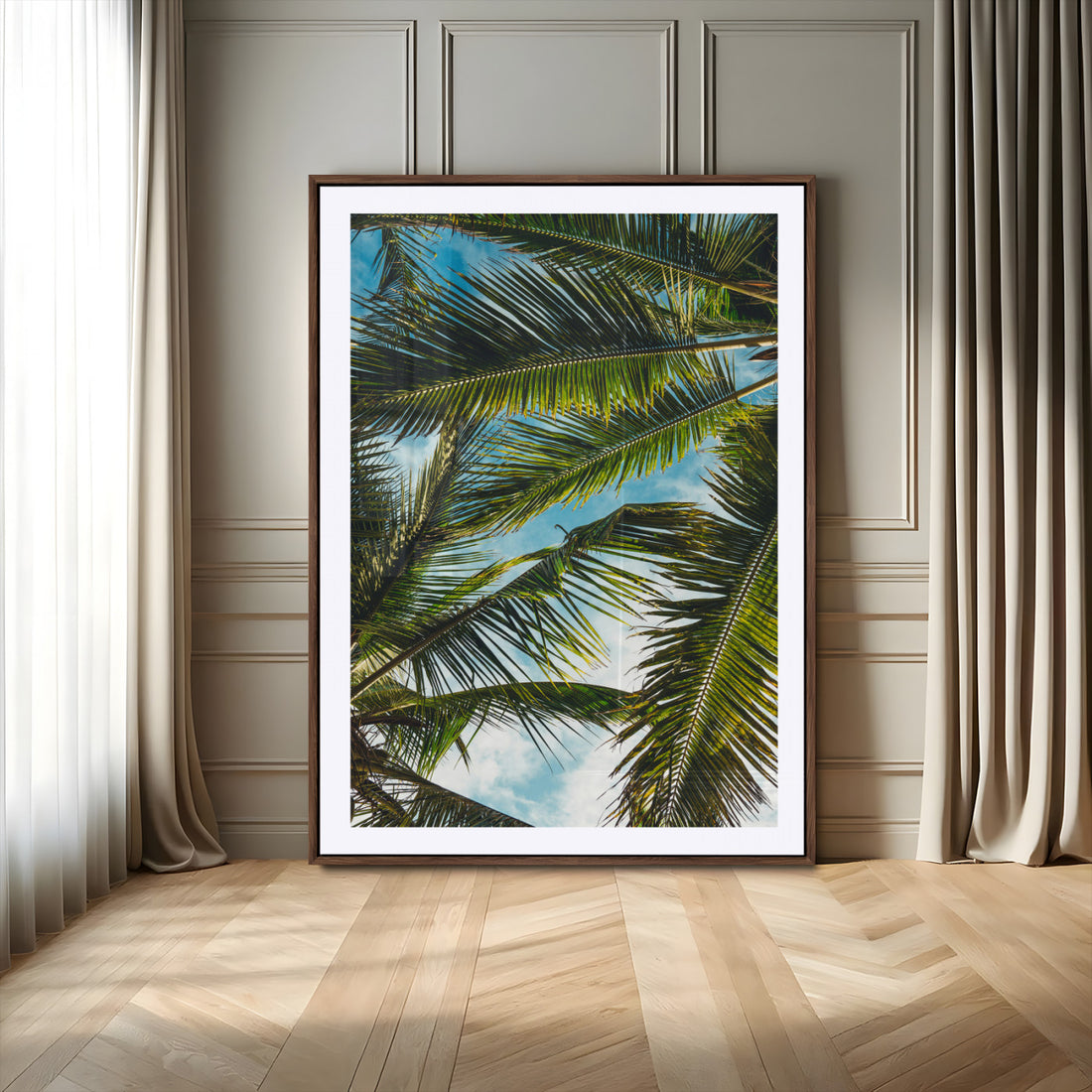 Palm Leaves Wall Art Canvas Print, Framed Tropical Vibes Art, Green Foliage Tropical Boho Decor