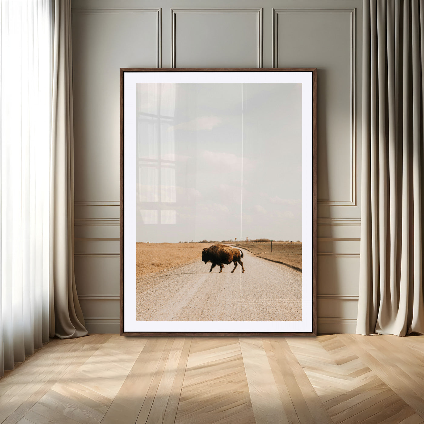 63874278-MGV-CV-24X36-Bison Crossing Wall Art Canvas Print – Framed Western Prairie Road Landscape Nature Scene Artwork for Home Office