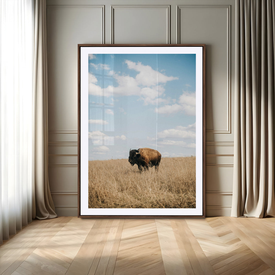 Bison Photography Wall Art Canvas Print, Framed Western Landscape Art, Prairie Serenity Modern Ranch Decor