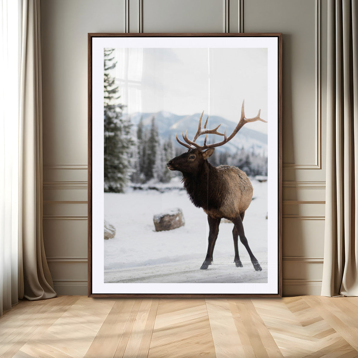 78028549-MGV-CV-24X36-Elk Photography Wall Art Canvas Print – Framed Winter Wildlife Snowy Mountains Nature Scene Artwork for Home Office