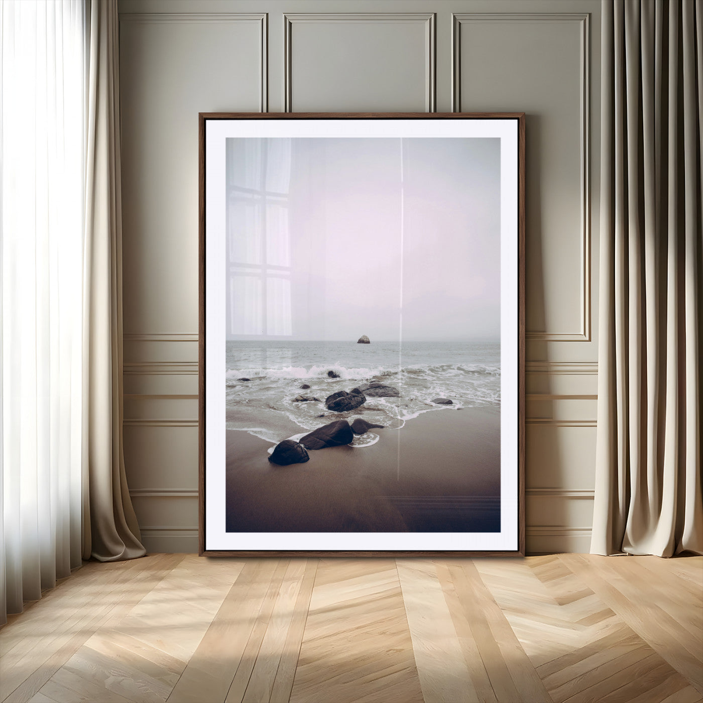 -Moody Seascape Wall Art Canvas Print – Framed Neutral Foggy Ocean Beach Nature Scene Artwork for Home Office