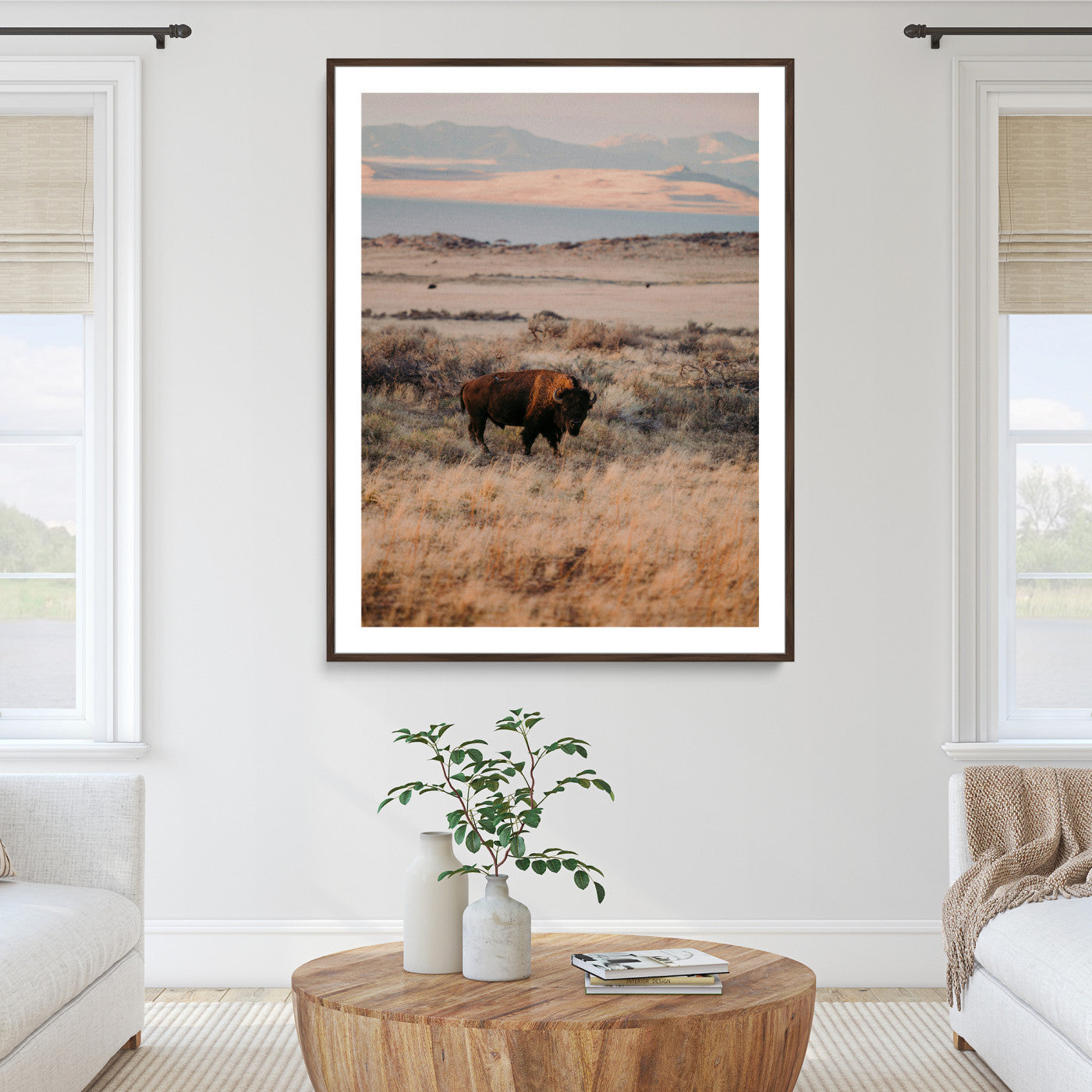 75146693-MGC-FP-24x36_Walnut-Solitary Buffalo Wall Art Canvas Print – Framed Golden Prairie Scene Earthy Tones Rustic Nature Artwork for Home Office