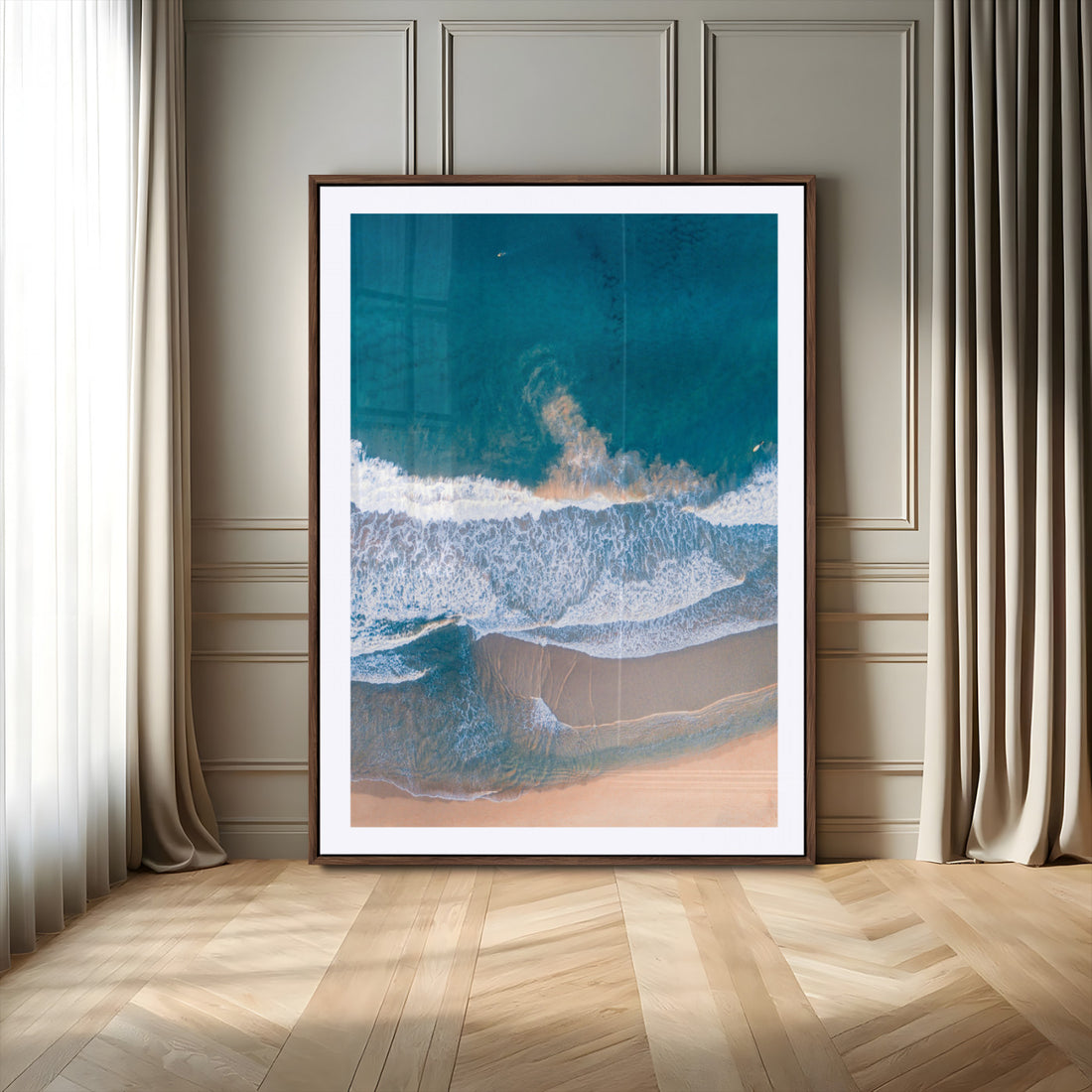 Aerial Beach View Wall Art Canvas Print, Framed Ocean Waves Coastal Serenity Art