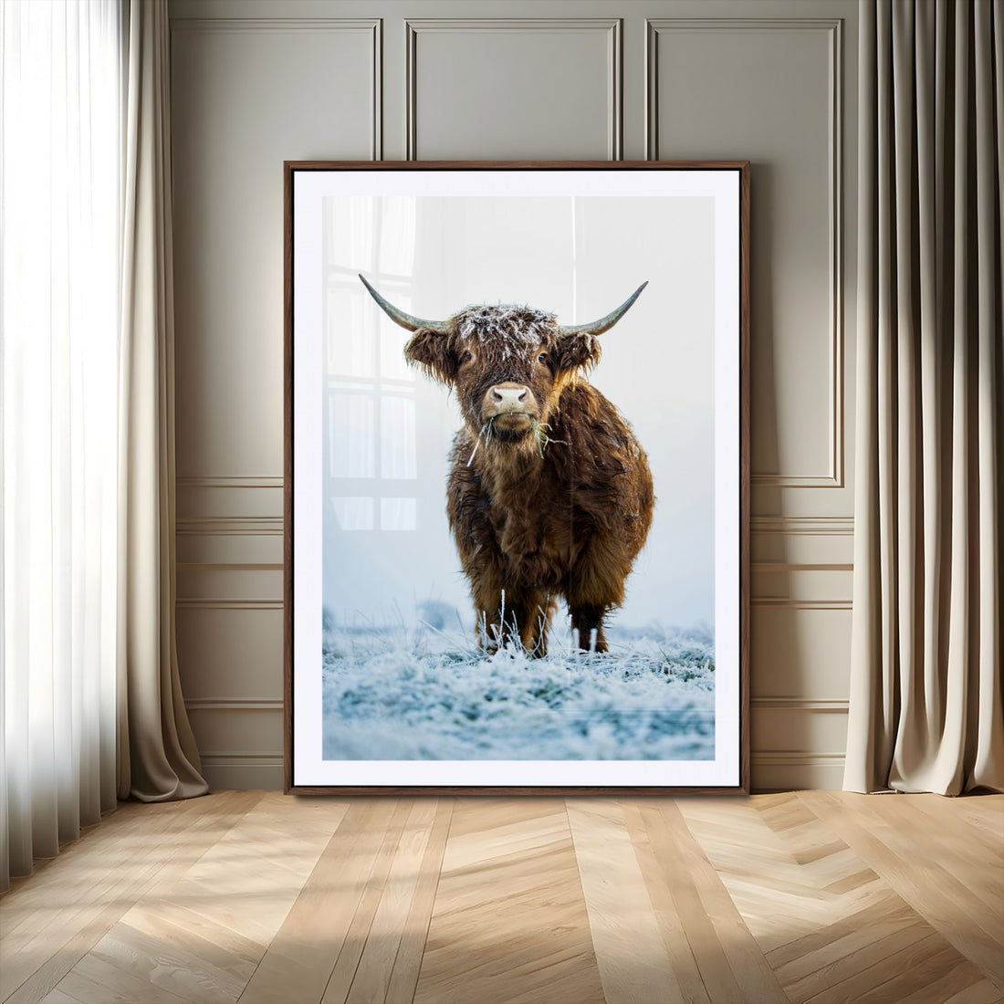 Highland Cow Wall Art Canvas Print, Framed Frosty Winter Farm Scene Artwork