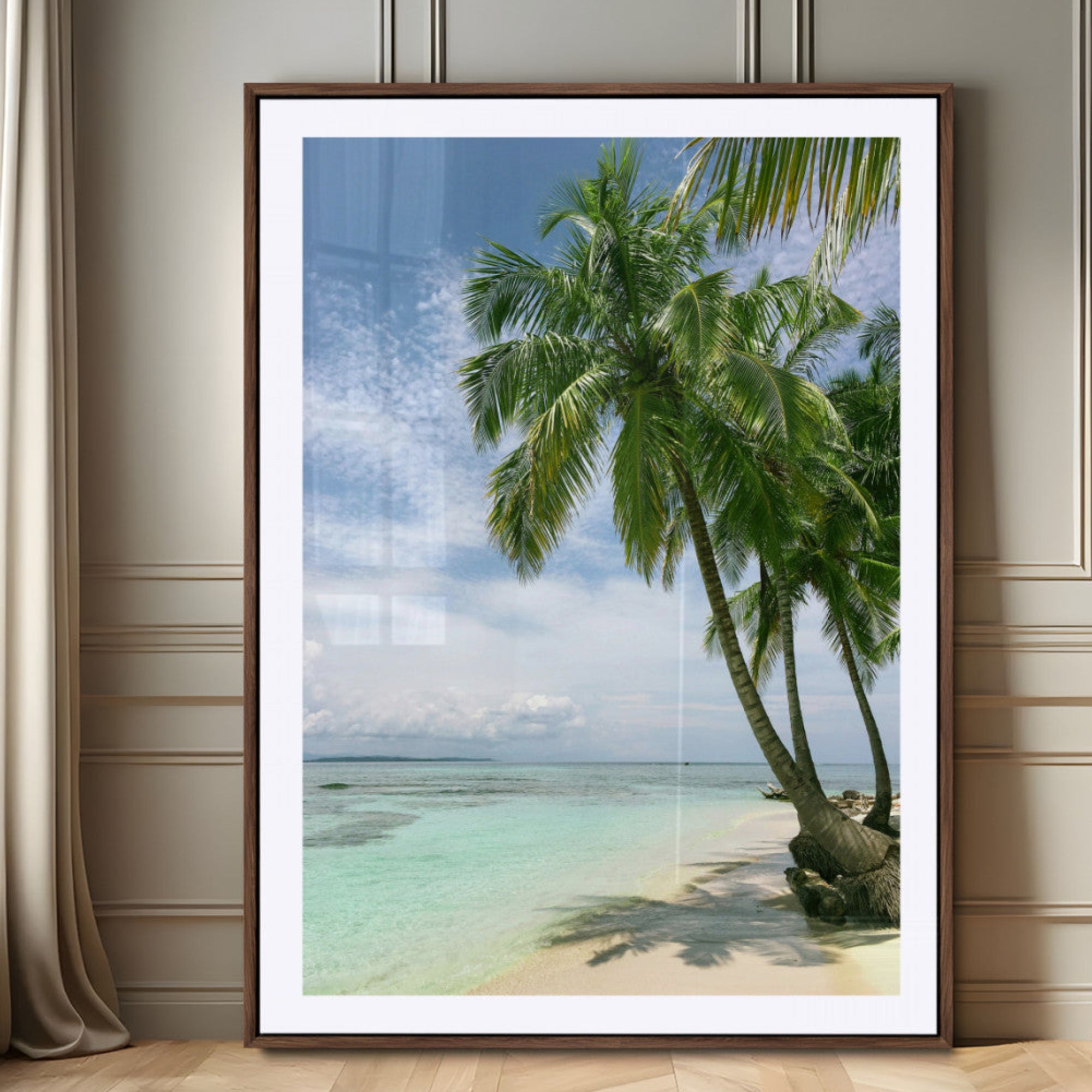 80489589-MGV-CV-24X36-Tropical Beach Palm Trees Canvas Print – Framed Island Coastal Wall Art Bright Ocean Horizon Photography for Home, Office