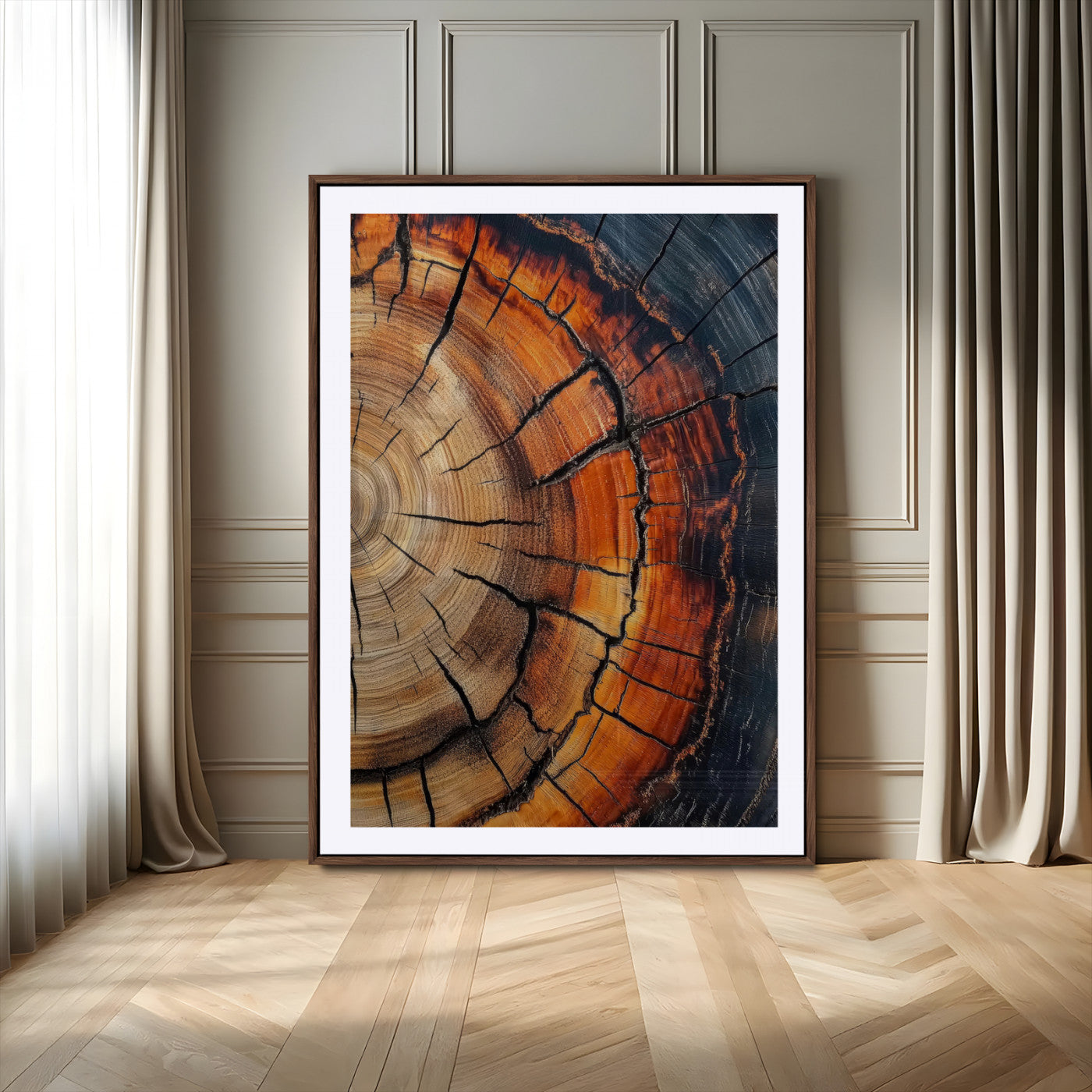 85081080-MGV-CV-24X36-Close Up Tree Rings Wall Art – Framed Abstract Wood Canvas Artwork, Warm Earth Tone Design, Rustic Nature Decor for Home, Office