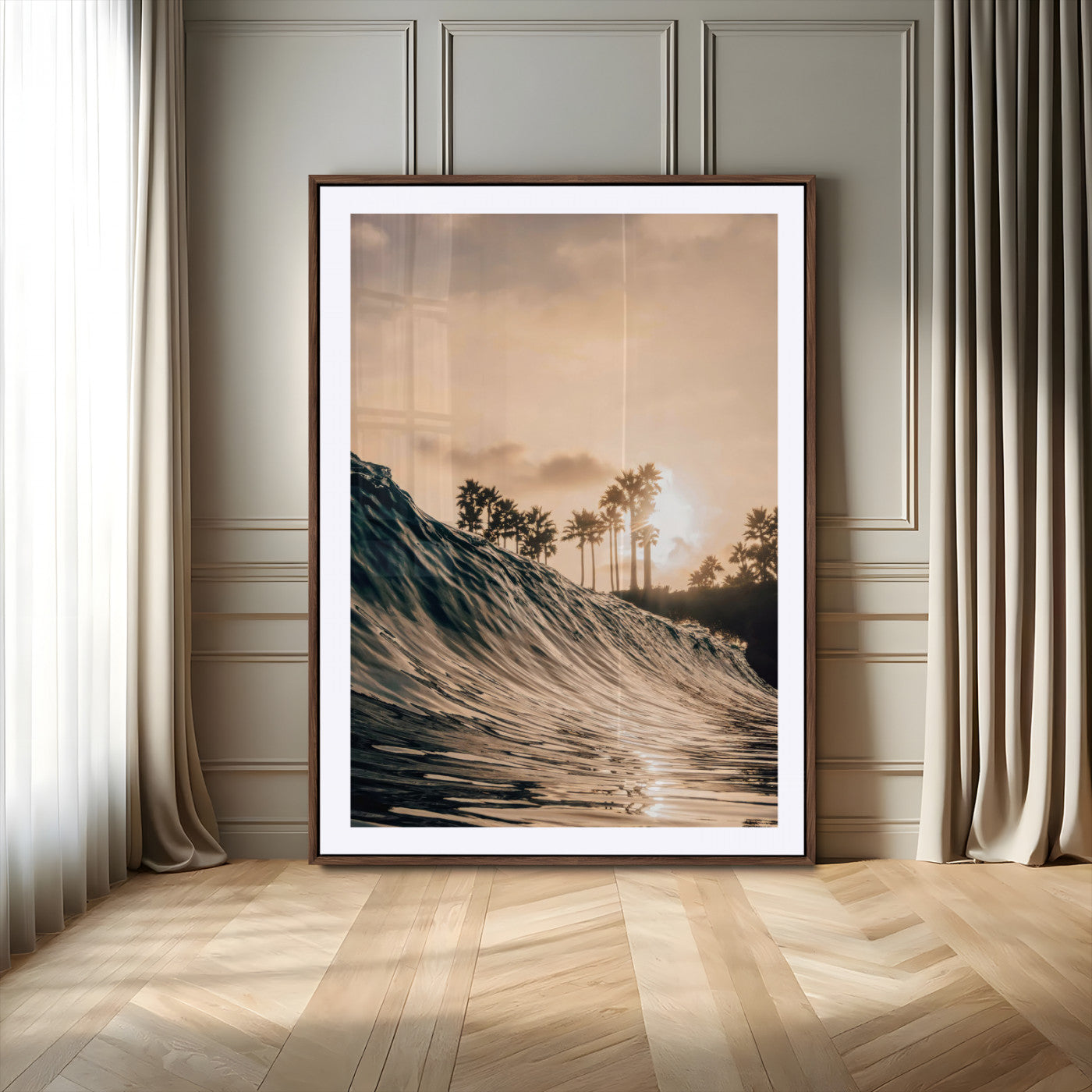 MGC-FP-24x36 - Sunset Wave Ocean Canvas Wall Art – Coastal Palm Trees, Surfing Beach Landscape, Large Tropical