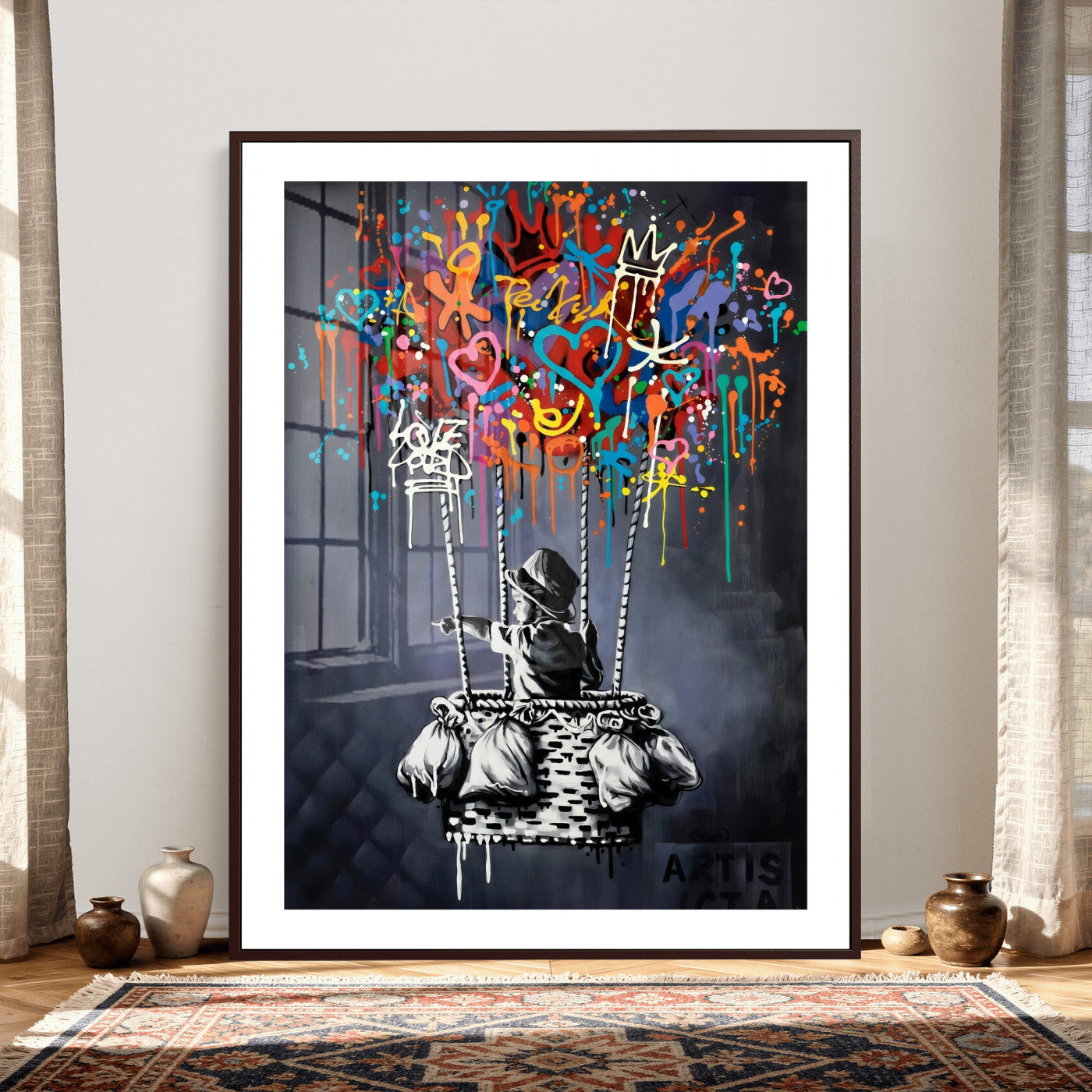 87352999-MGV-CV-24X36 - Banksy Inspired Boy Swing Wall Art Canvas Print, Graffiti Balloon Hearts Street Art, Colorful Urban Mural Artwork for Modern Living Room Decor