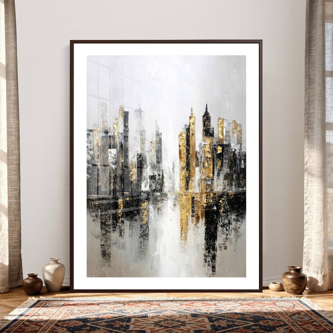 38126217-MGV-CV-24X36 - Abstract Urban Reflection Wall Art Canvas Print, Gold Black Modern Architecture Canvas Print, Contemporary Moody City Artwork for Living Room Decor