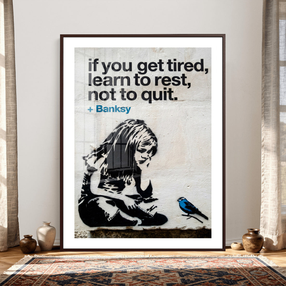 Banksy Girl and Blue Bird Canvas Art Print | Banksy If You Get Tired Street Art