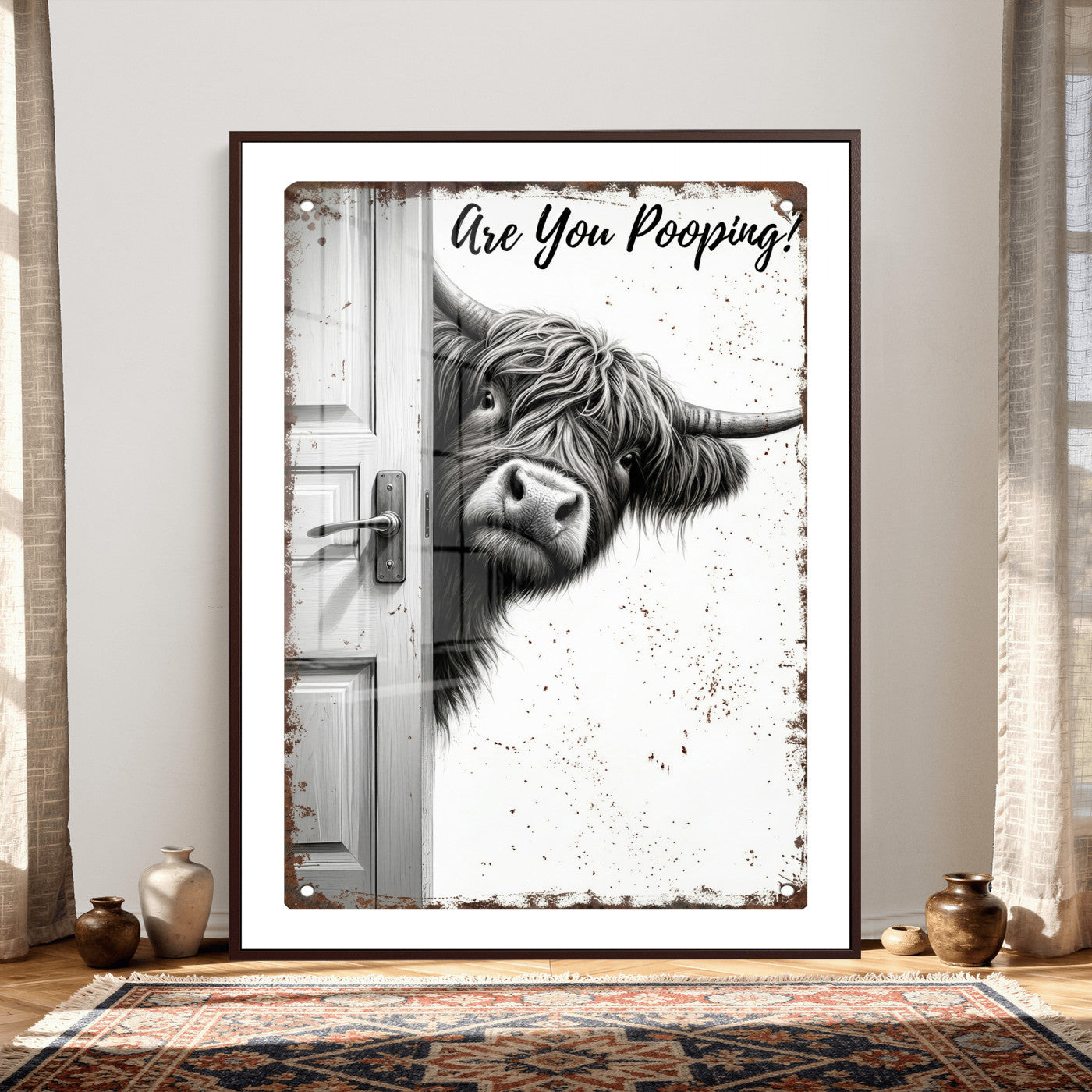 8151788G6-MGV-CV-24X36 - Funny Highland Cow Bathroom Wall Art Canvas Print, Are You Pooping Cow Sign, Rustic Farmhouse Bathroom Decor