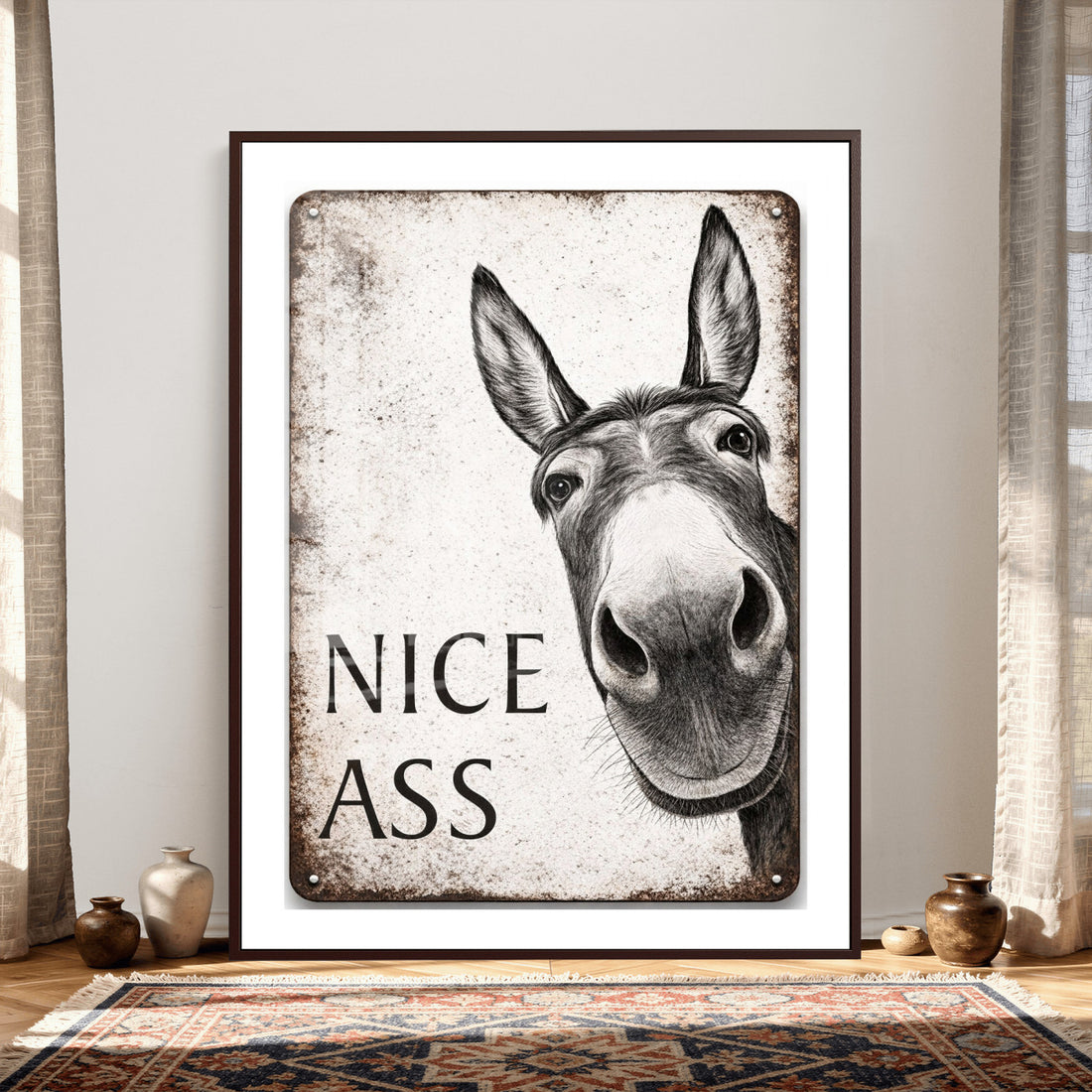 Funny Donkey Bathroom Wall Art Canvas Print, Nice Ass Farm Animal Sign