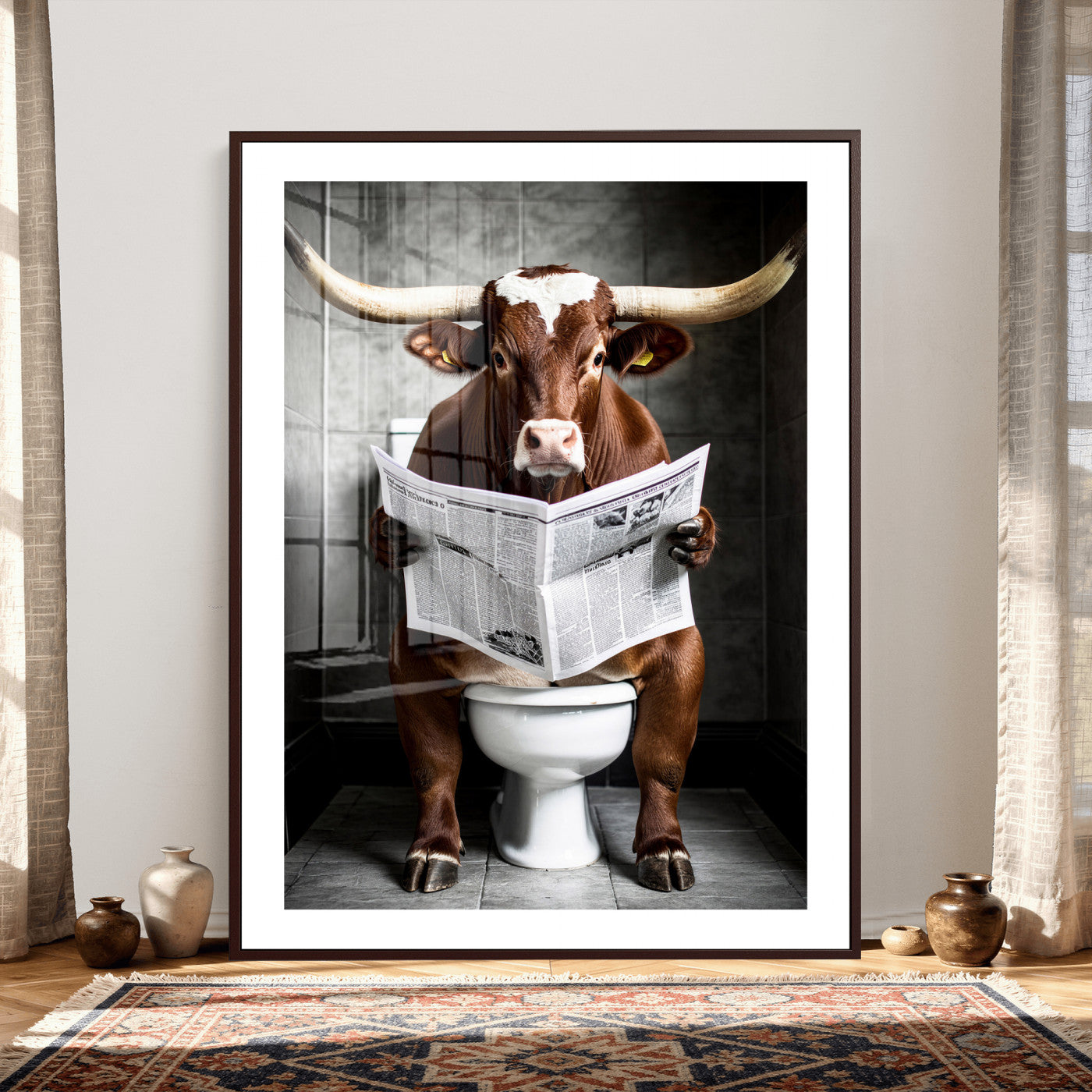 69808726-MGV-CV-24X36 - Texas Longhorn Cow Toilet Paper Canvas Wall Art, Funny Bathroom Black White Print, Cute Animal Humor Decor, Quirky Farmhouse Bathroom Art, Cow Lover Gift