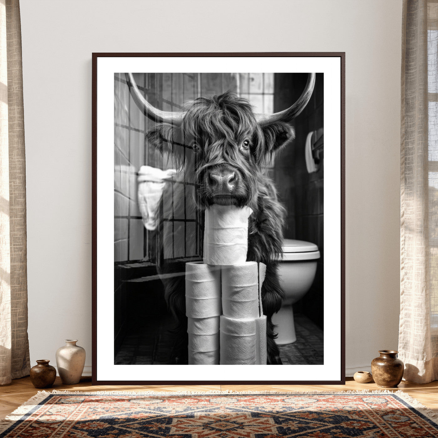 95909209-MGV-CV-24X36 - Highland Cow Toilet Paper Canvas Wall Art, Funny Bathroom Black White Print, Cute Animal Humor Decor, Quirky Farmhouse Bathroom Art, Cow Lover Gift