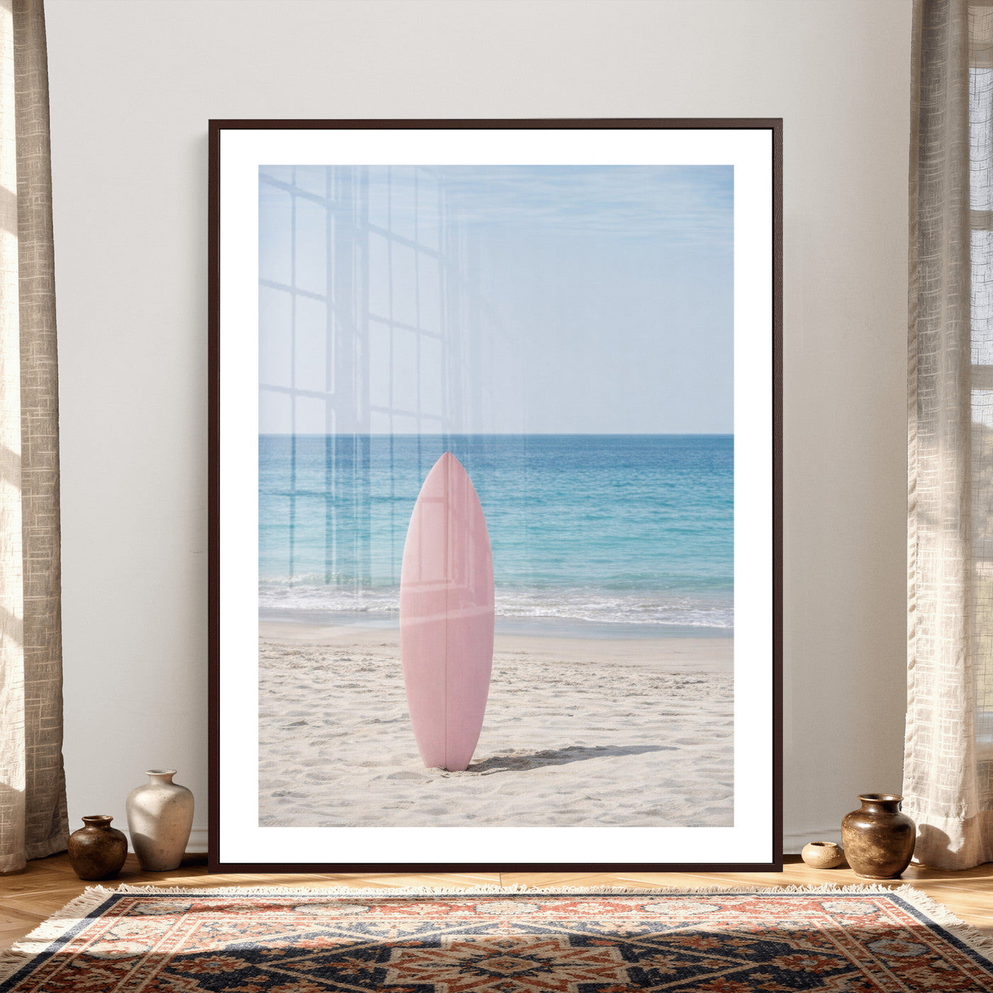 17265103-MGV-CV-24X36 - Pink Surfboard Canvas Wall Art, Minimalist Beach Photography Print, Pastel Ocean Coastal Decor, Girl Beach Room Art, Aesthetic Summer Wall Print
