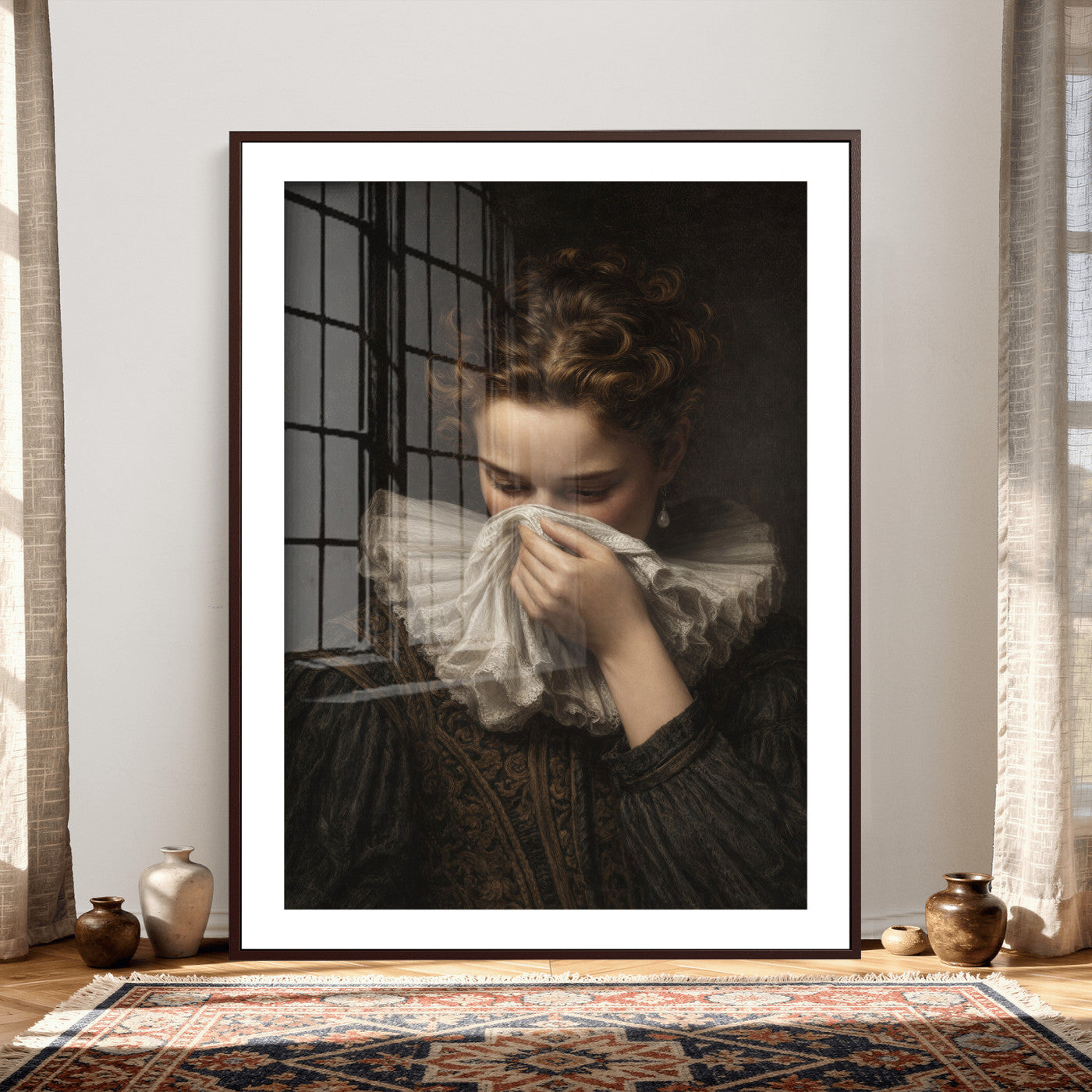 62652430-MGV-CV-24X36 - Baroque Portrait Canvas Wall Art, Flemish Woman with Lace Collar Print for Bathroom Wall Art, Funny Toilet Decor, Renaissance Style Portrait, Moody Vintage Wall Art