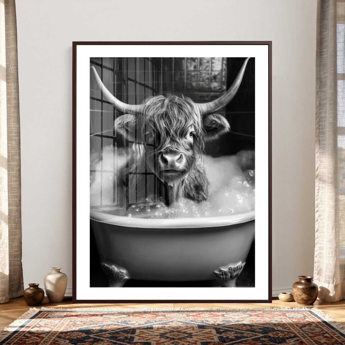 Highland Cow Bathtub Canvas Wall Art, Funny Bathroom Print